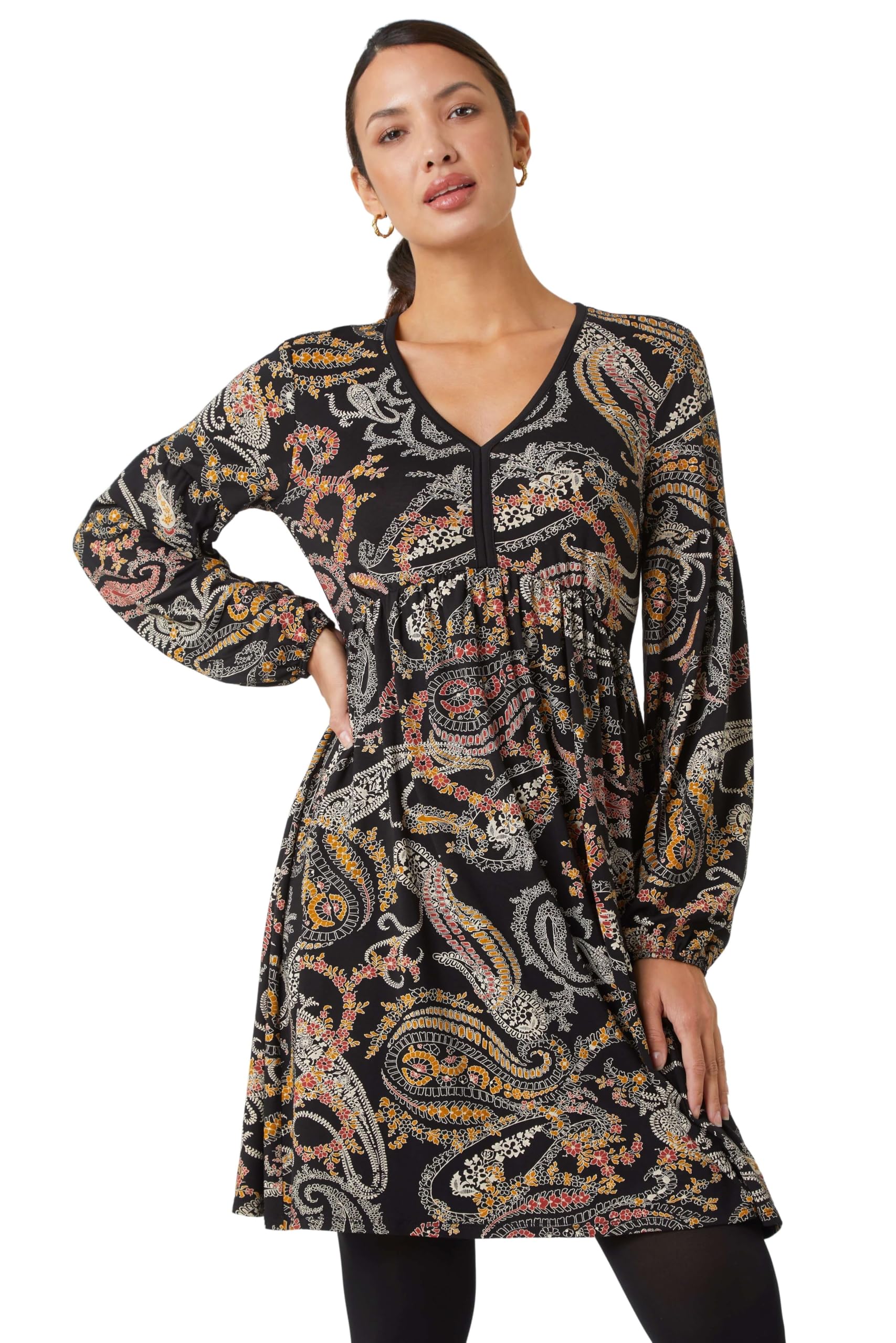 Roman Women's Black Paisley Print Stretch Dress In | Size: 10