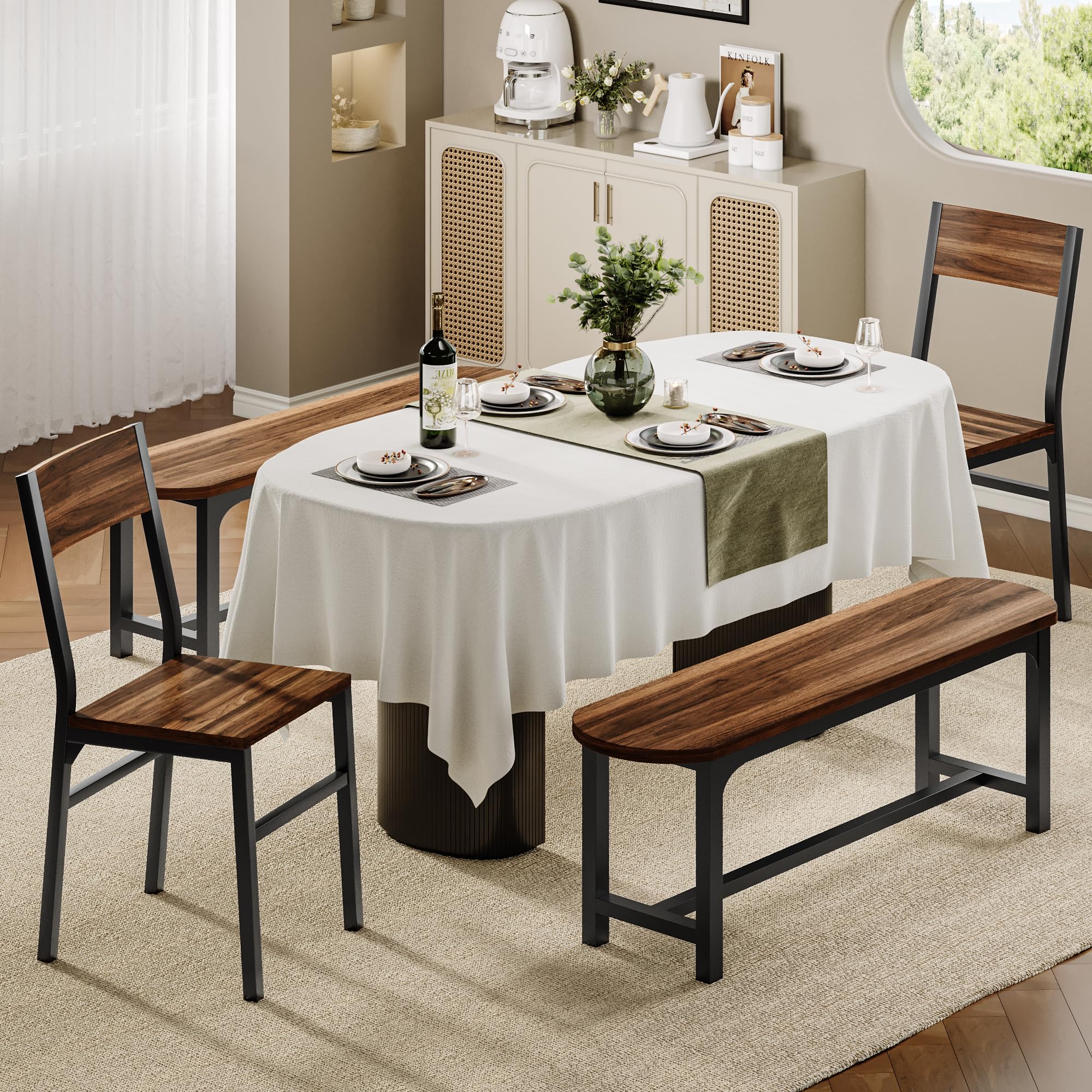 Photo 1 of Feonase Dining Chairs and Benches Set of 4, Modern Dining Room Chairs with Ergonomic Backrest, Wood Structure & Metal Legs, for Kitchen, Dining Room, Space-Saving, Easy to Assemble & Clean, Walnut