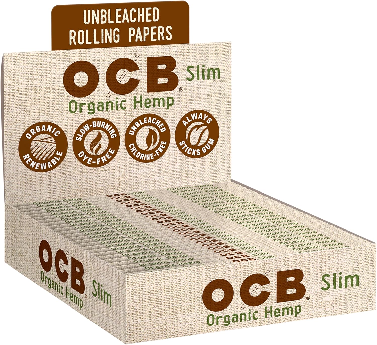 OCB - Organic Rolling Papers Slim Size Display Case - 24 Booklets with 32 Leaves per Booklet