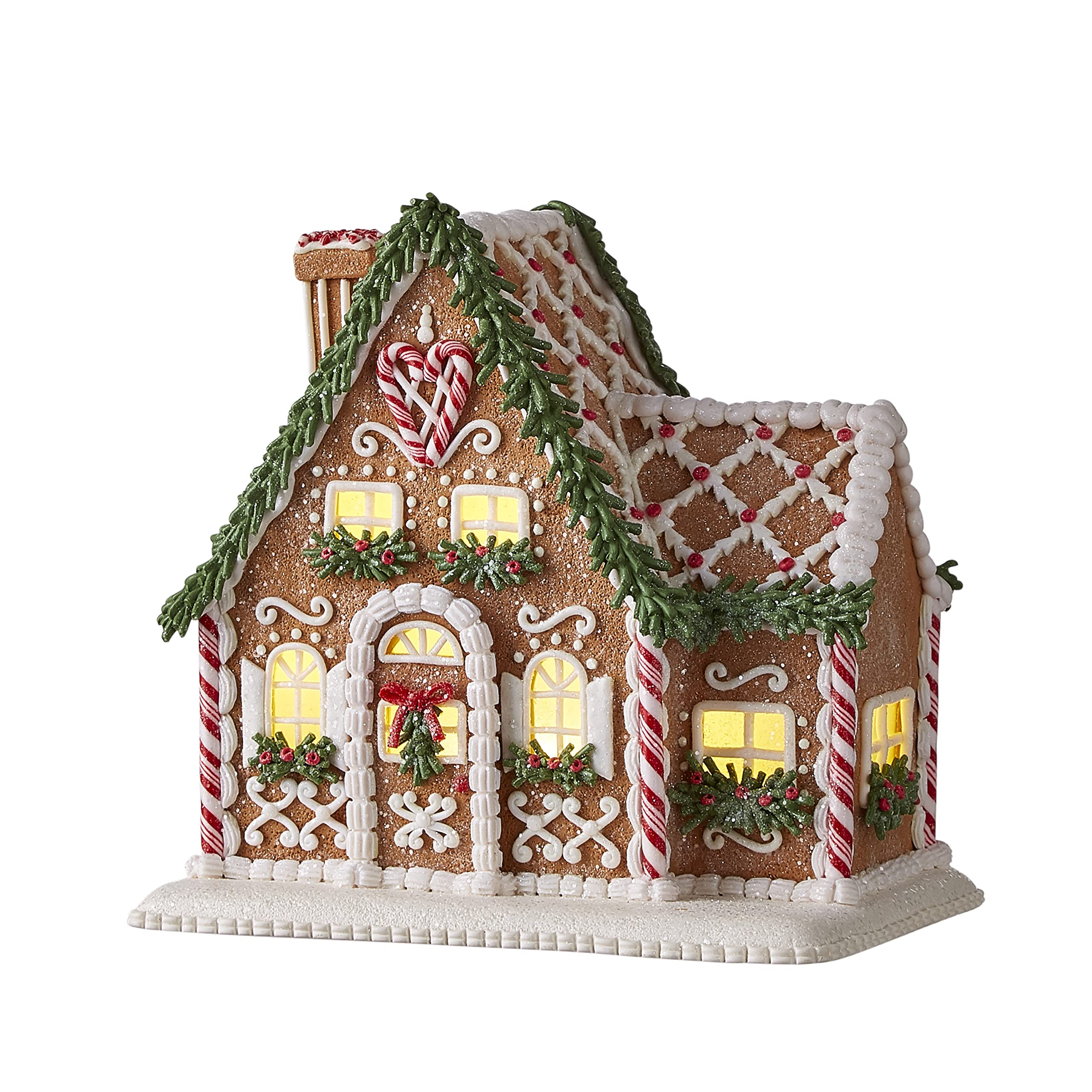 One Holiday Way 8.75-Inch Light Up Faux Gingerbread Cottage House with Timer, Rosemary, Candy Cane & Flower Accents - LED Lighted Christmas Home Decor Figurine - Xmas Mantel, Tabletop, Desk Decoration