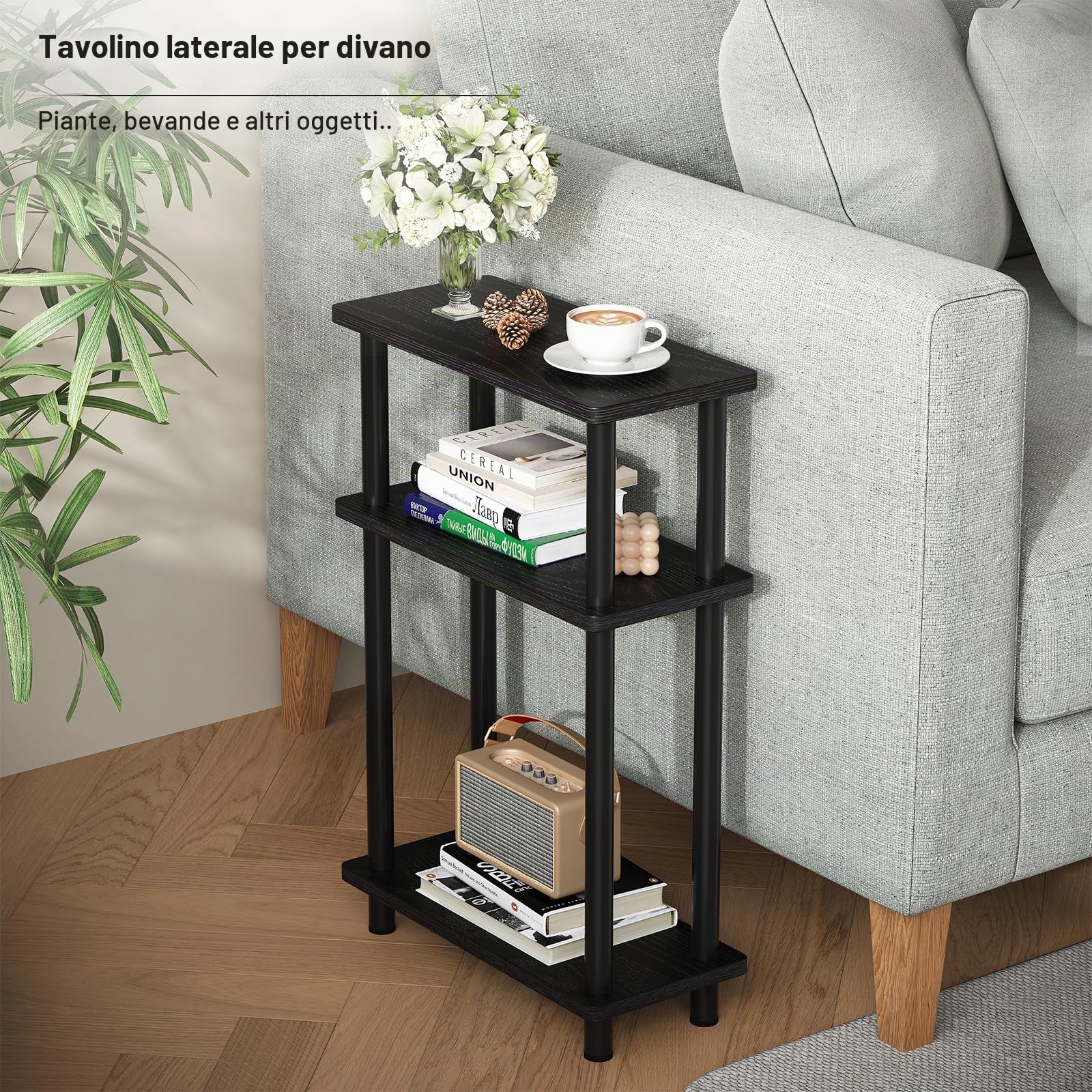 APICIZON Tavolino Laterale Stretto, Tavolino da Divano Laterale a 3 strati, 40x18x61.5CM, Tavolino da Caffè Moderno Piccolo, Tavolino Piccolo Adatto per Soggiorno, Camera da Letto, Nero