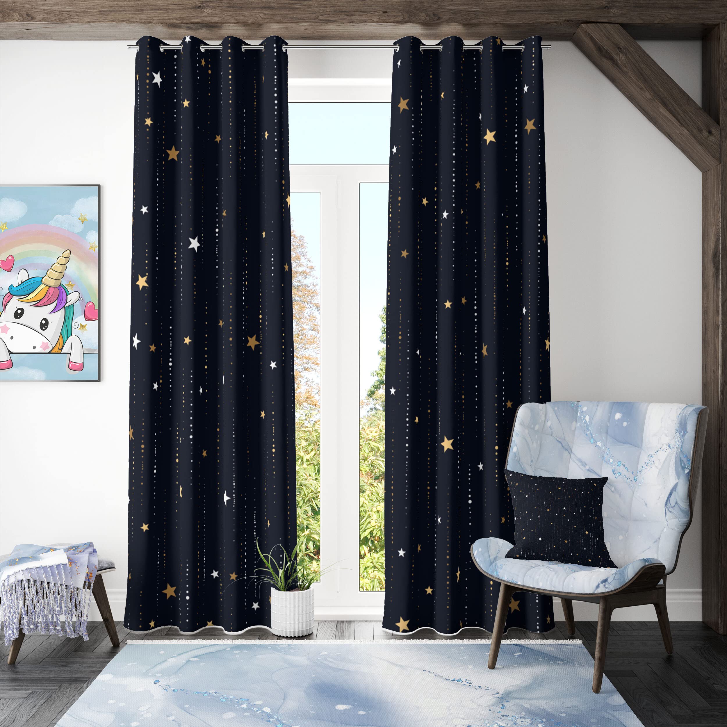 Llylumty Star Blackout Curtains for Bedroom,Golden Space Golden and White Star Rain on Dark Blue Background Gromment Drapes for Children Living Room
