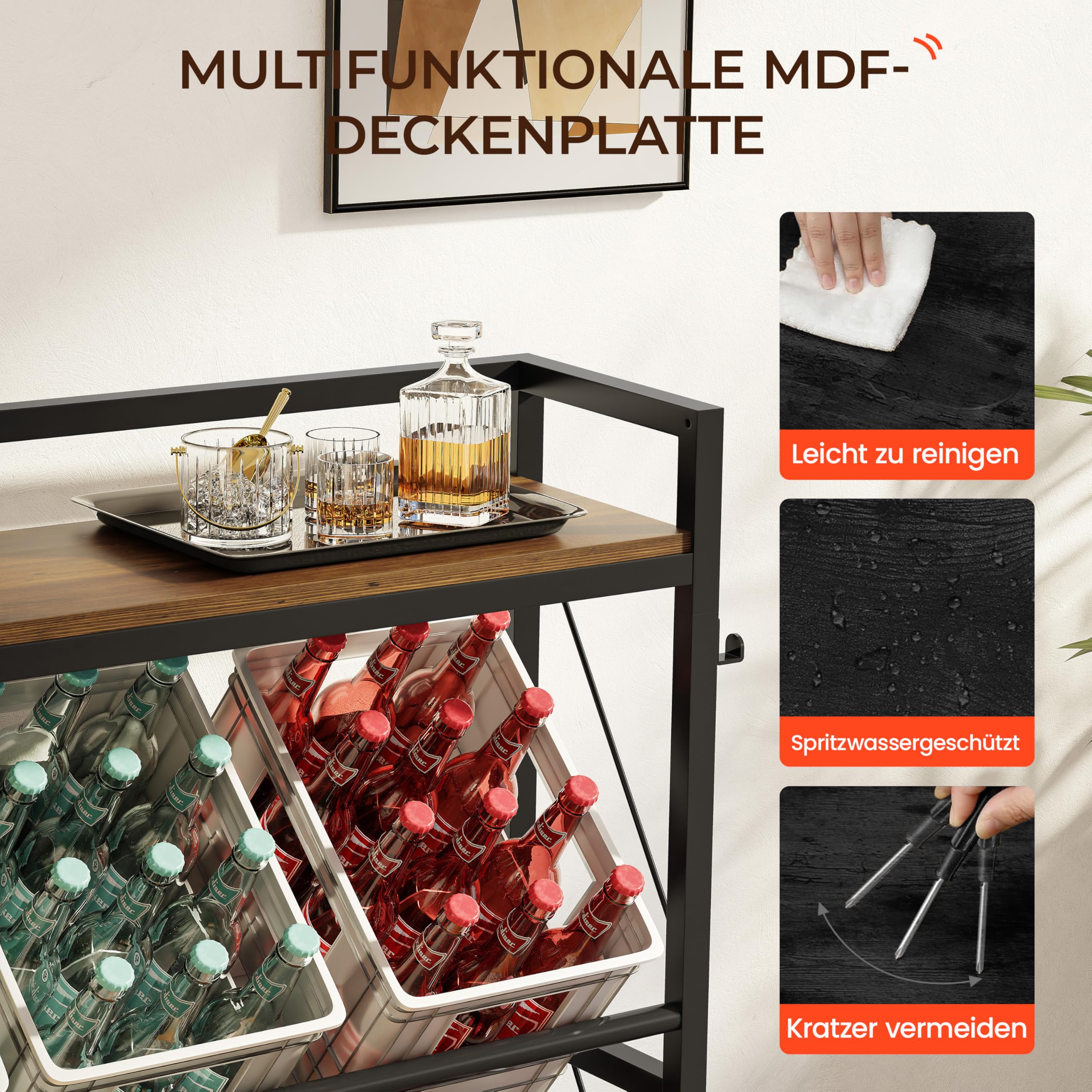 YOUDENOVA Getränkekistenregal, Getränkeregal mit Ablage für 6 Kisten, Metall kistenregal, Freistehend Kistenständer, 32D x 104W x 118H bierkastenständer, für Küche, Wohnzimmer und Keller, Braun
