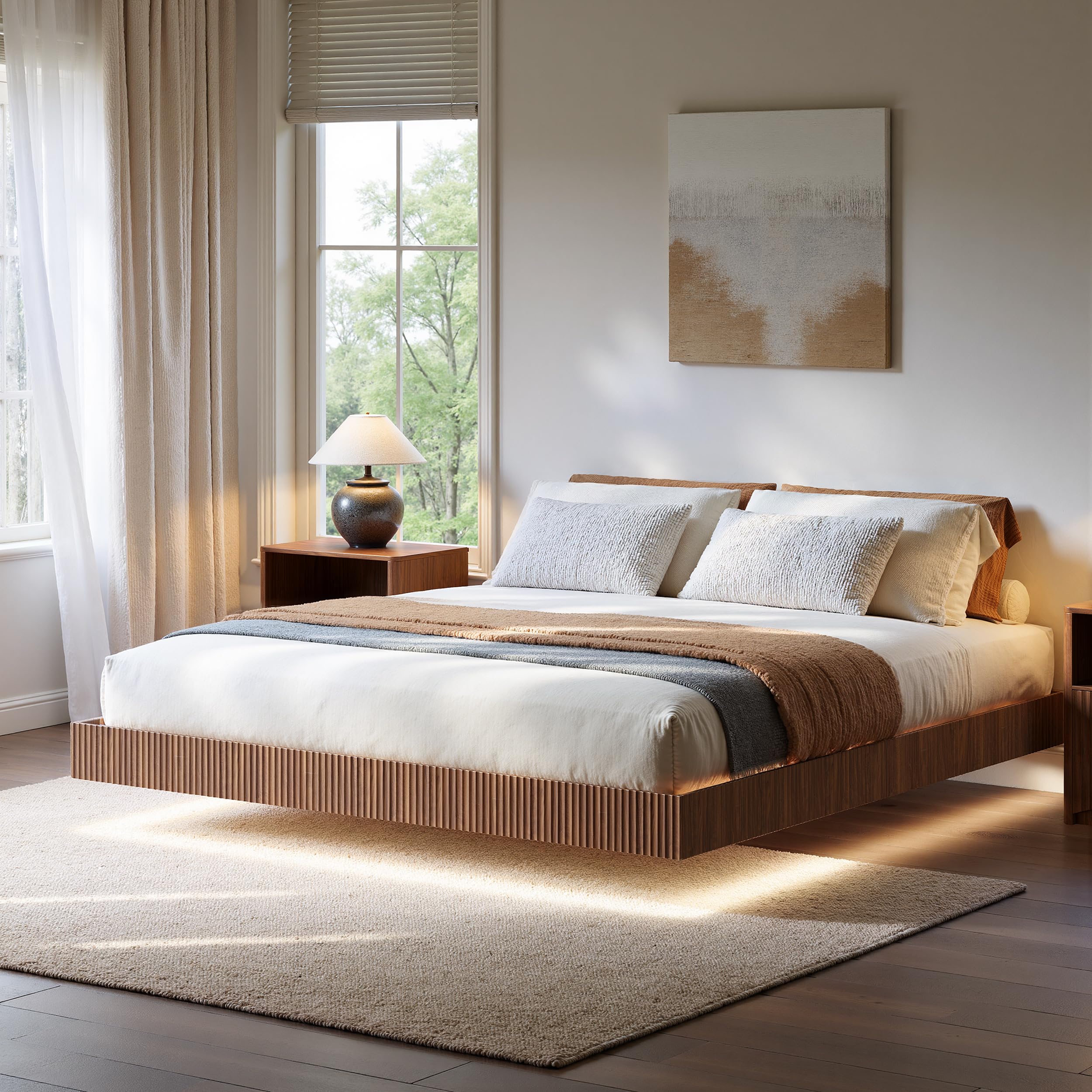 Evermagin 12In High Walnut King Floating Bed Frame with led Lights