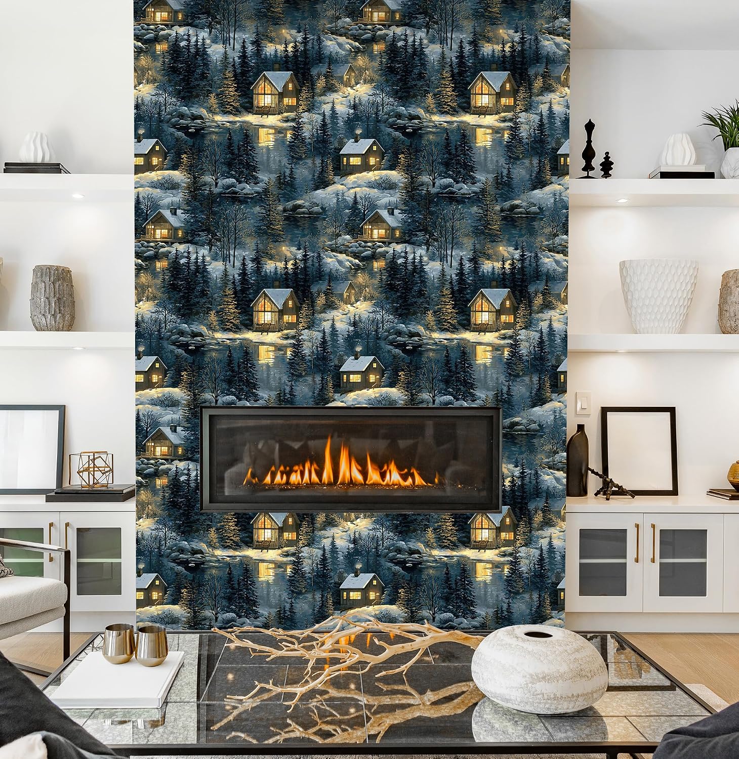 Winter Forest Cabin Peel and Stick Wallpaper, Cozy Snowy Cottage Landscape Self-Adhesive Vinyl Wallpaper for Home Decor – Rustic Nordic Style, 17.7" x 118"