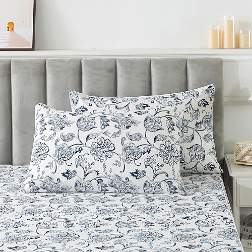 Miniatura 9 de FADFAY Juego de sábanas de cachemira tamaño Queen, ropa de cama de lujo con estampado de cachemira azul marino, juego de sábanas florales de color