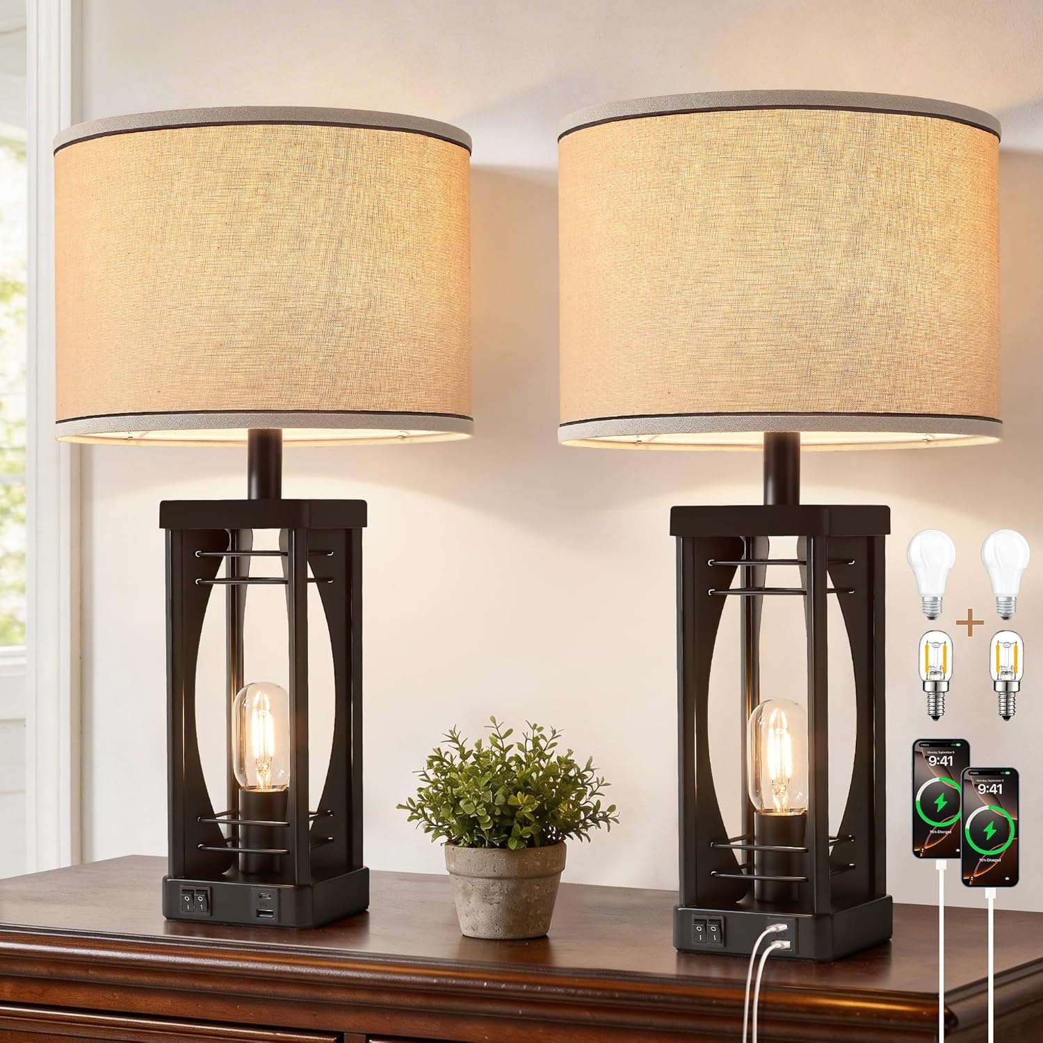 Farmhouse Table Lamps Set of 2 for Living Room, Rustic Nightstand Lamps with USB A+C Charging Ports, 22.5" Dual Light Industrial Bedside Lamp with Linen Shade for Bedroom End Tables