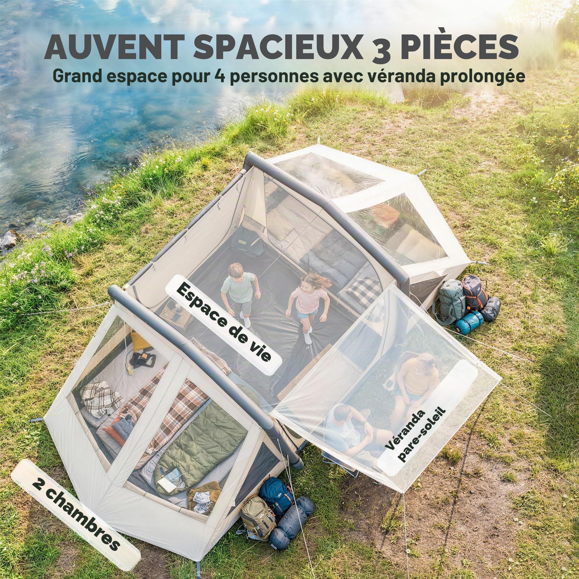 Outsunny Tente Gonflable 4 Personnes Montage Rapide Occultante