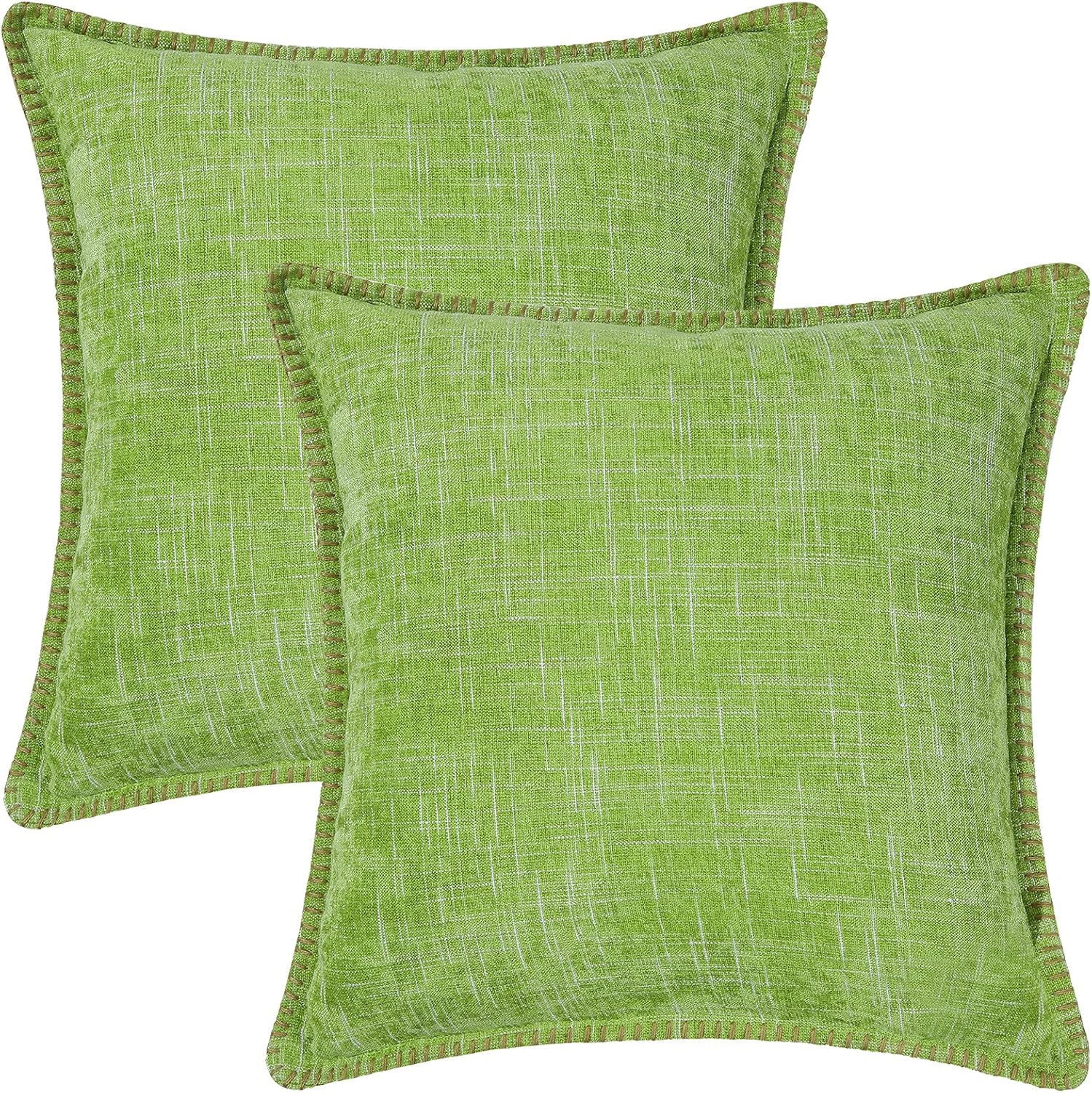 Green Textured Throw Pillow Covers Set of 2, Chenille Farmhouse Decorative Pillow Covers, Trimmed Edge, 18x18 Inch