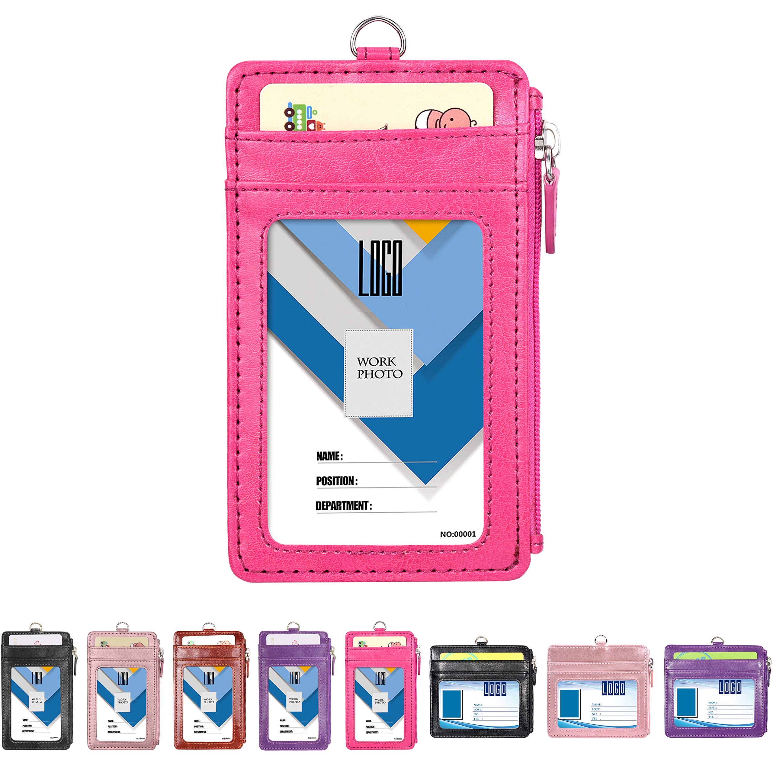 Wisdompro Porta Badge da Collo con Cerniera, 50 cm Portachiavi, 4 Slot, Finestra Trasparente, Rosa Caldo