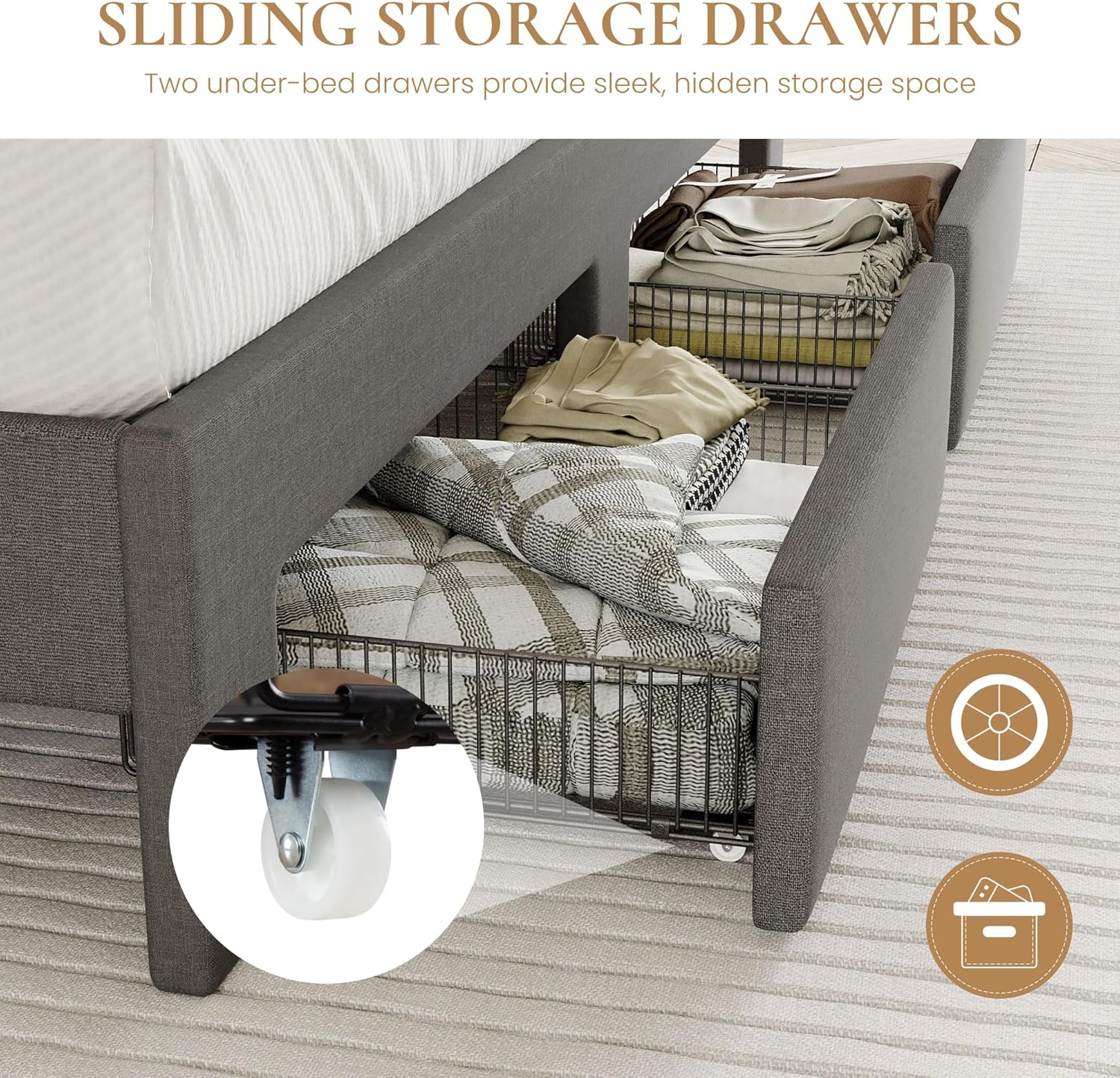 Sliding storage drawers under the bed frame