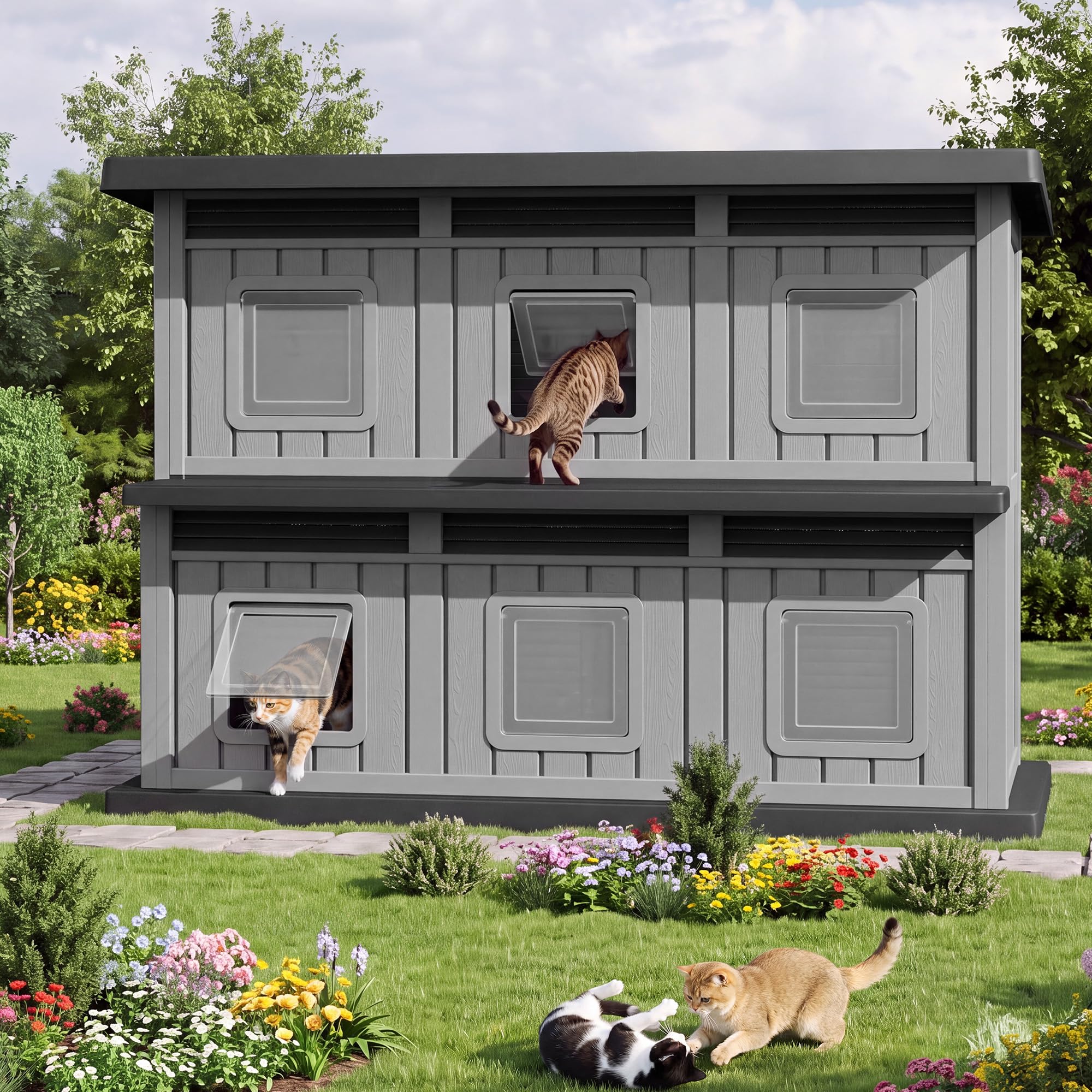 Fancyango Cat House Bed Cave, Cat Houses for Outdoor Cats, Grey-Black