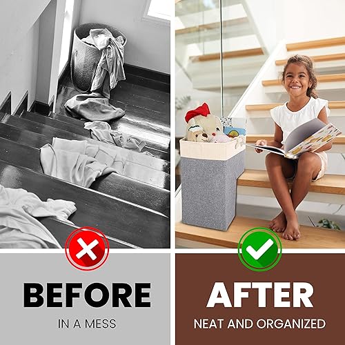 Vista 22 de SAM AND MABEL Cesta de escalera con hermosas asas de cuero sintético, cestas de escalera de fieltro duraderas para escaleras de moqueta y madera