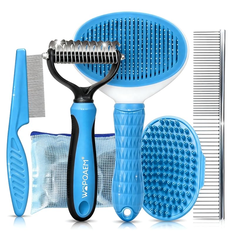 Kit de Higiene e Tosa para Cães 5 em 1 com Escova Autolimpante e Rastelo Azul WOPQAEM