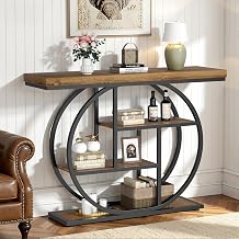 Vongrasig Console Table with Circle Base, Industrial Narrow Entryway Table with Storage, 4-Tier Wood Sofa Table for Living Room, Hallway, Rustic Brown