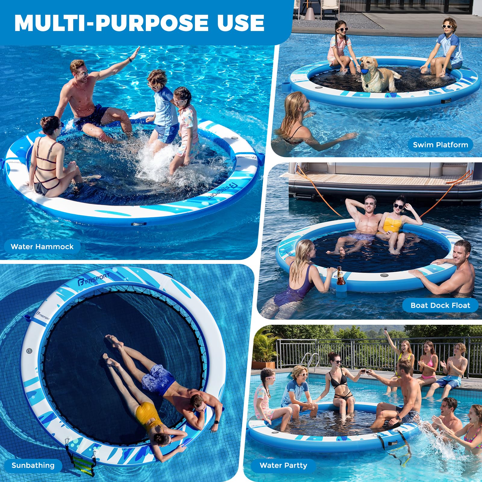 Piattaforma Galleggiante Gonfiabile Sunchill 240/300 cm per 2-5 Persone, Isola Gonfiabile Rotonda, Amaca Acquatica Floating Platform con Rete per Carichi Pesanti per Piscina, Lago e Mare