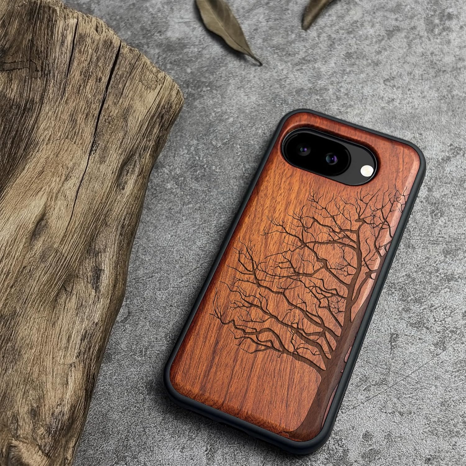 Carveit Magnetic Wooden Case for Google Pixel 10a Case, Wood Artisan Engraved & Soft TPU Shockproof Cover, Compatible with MagSafe Wireless Chargers (The Bare Tree) Rosy