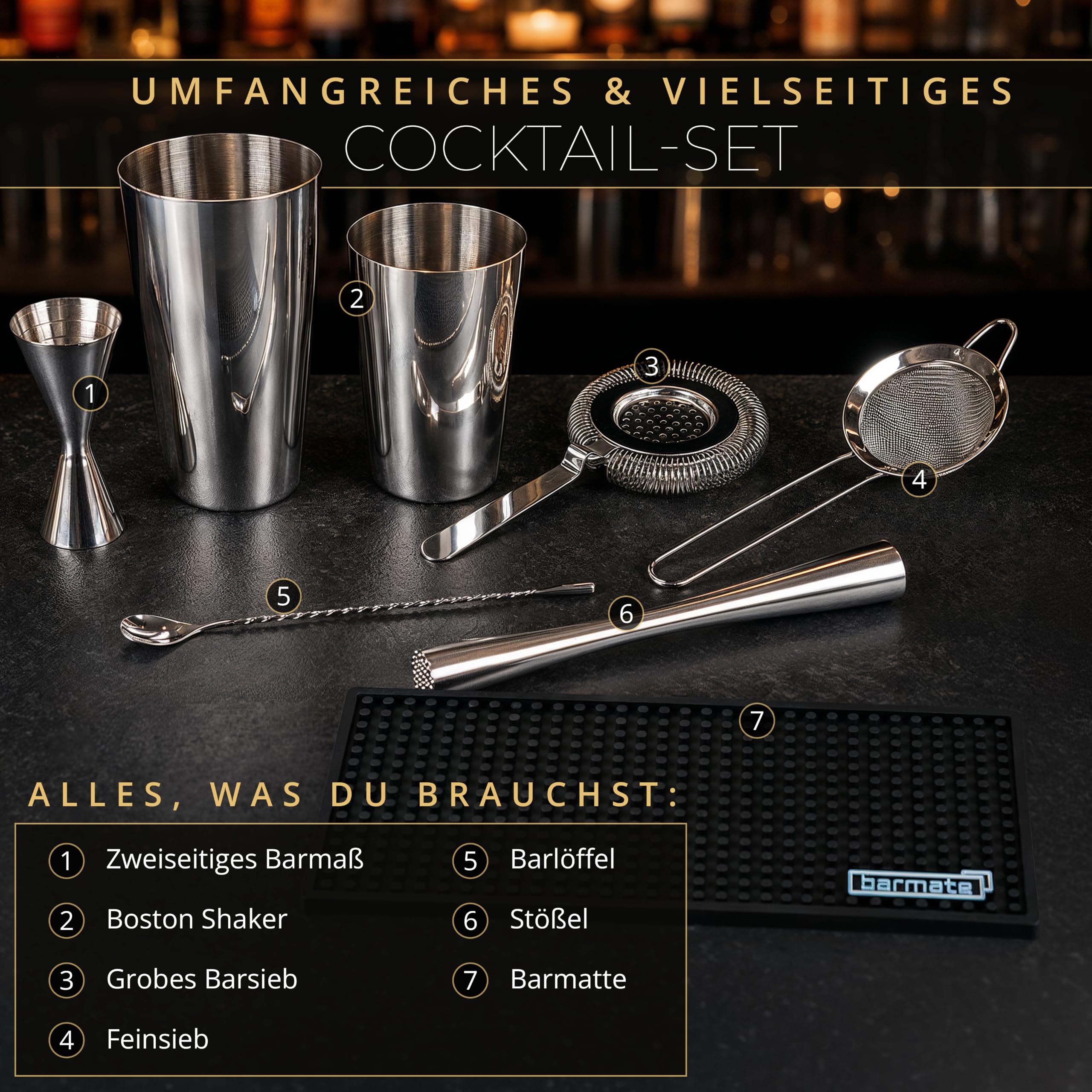 Juego de coctelera de acero inoxidable Boston, Pack Coctelería Cocteles, 7 piezas, compuesto por coctelera, jigger, cuchara de bar, 2 cocidos, muddler y estera de bar
