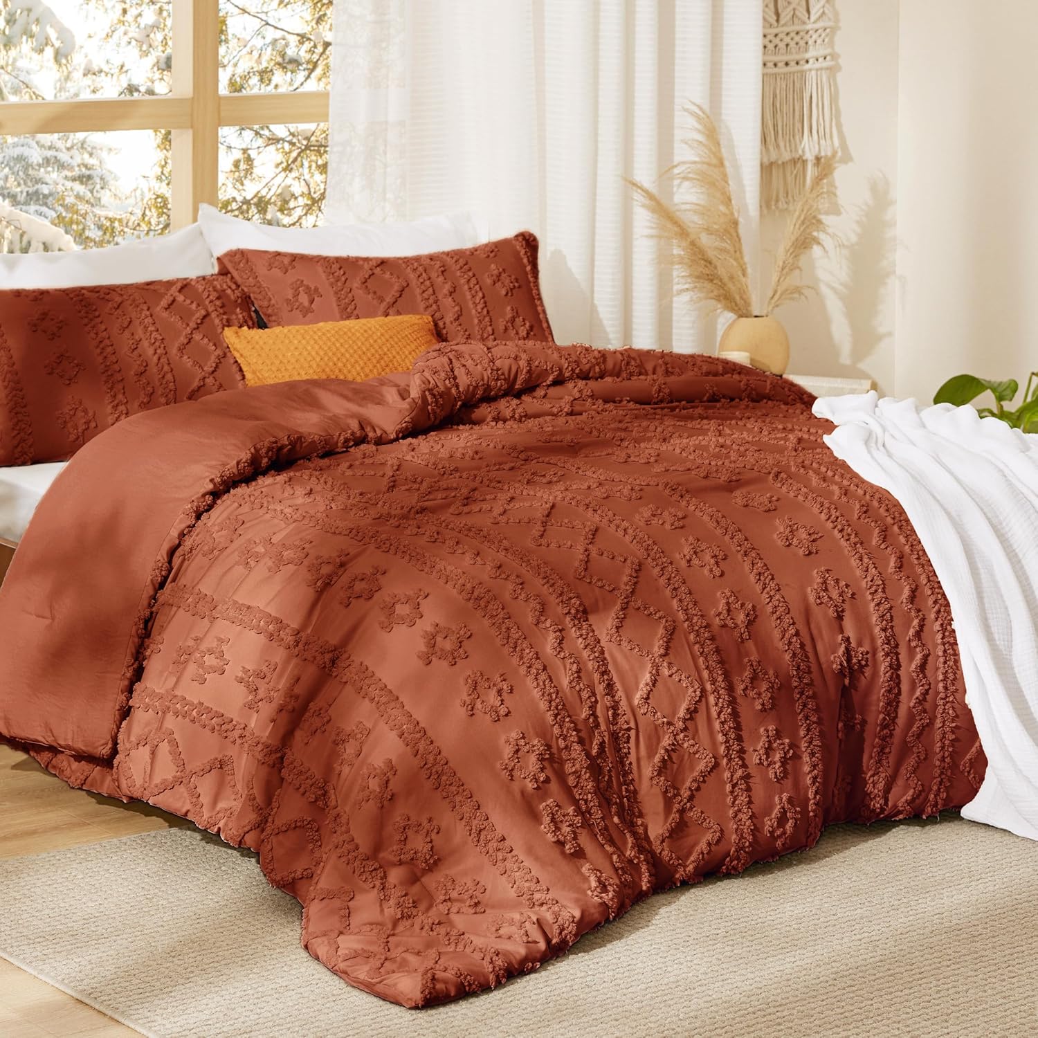 Bedsure Tufted Boho Comforter Set Full Size - Terracotta Boho Bed Set, GentleSoft™ 3 Pieces Farmhouse Shabby Chic Embroidery Bedding, Gifts for Woman, Soft Jacquard Full Comforter for All Seasons - Image 2