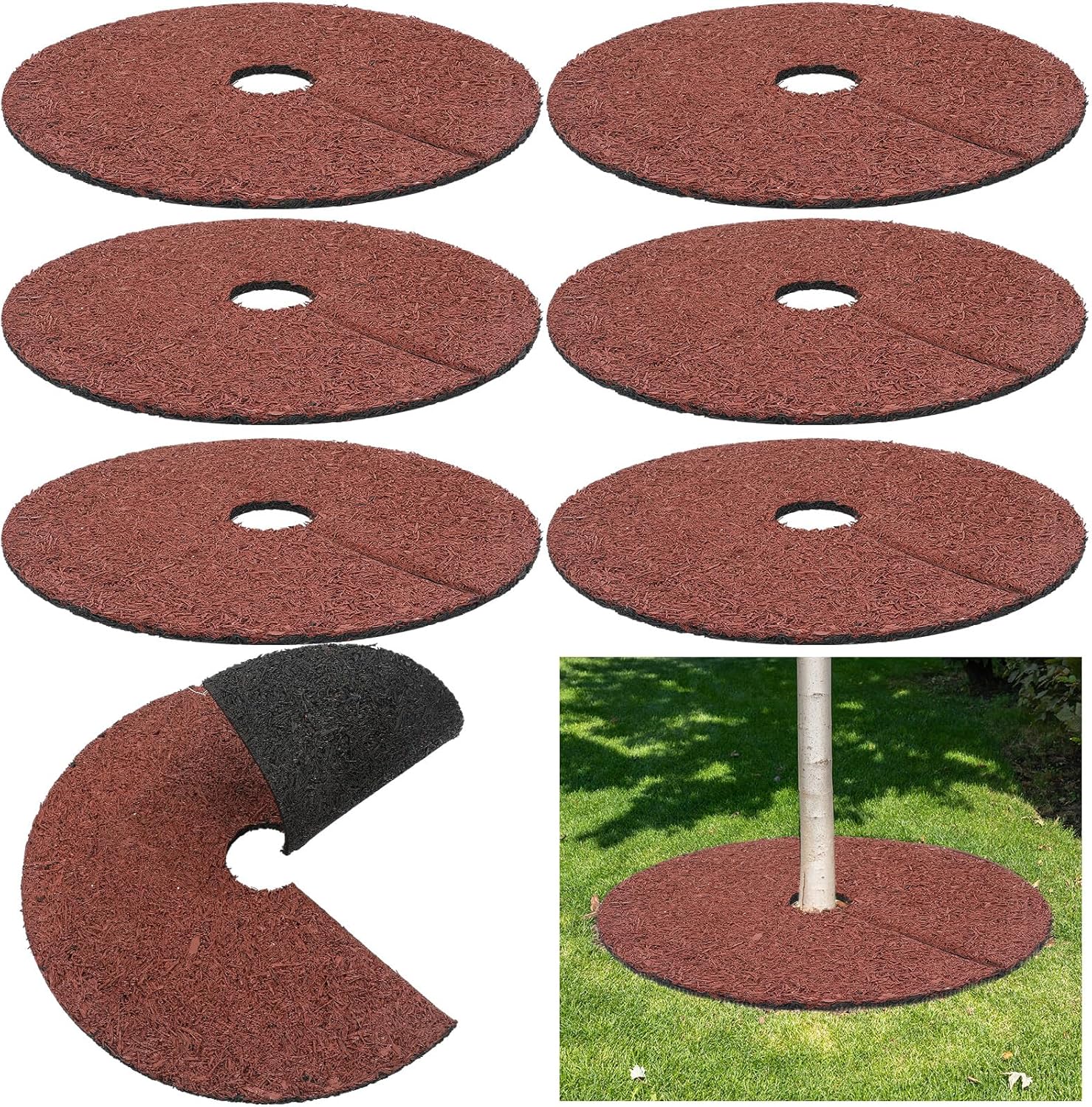 Peryiter 6 Pcs 30 Inch Rubber Mulch Tree Ring Heavy Duty Rubber Mulch Mat Tree Protector Weed Barrier Mats Round Root Barrier for Weed Grass Control Root Protection