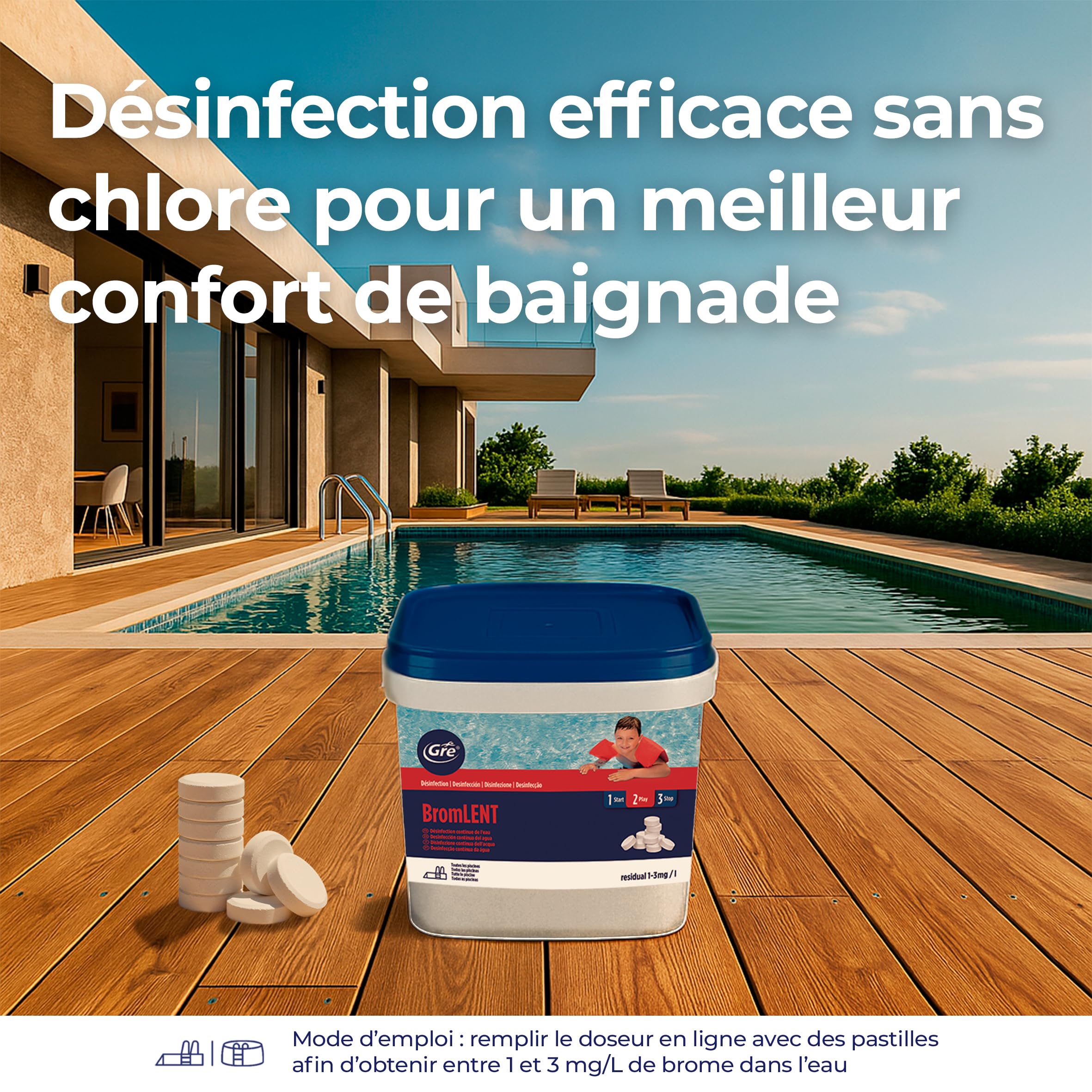 GRE 76024 - Brome en Pastilles. Désinfection efficace de l’eau de la piscine sans chlore, sans odeurs ni irritations. Idéal pour piscines et spas – 5 kg.
