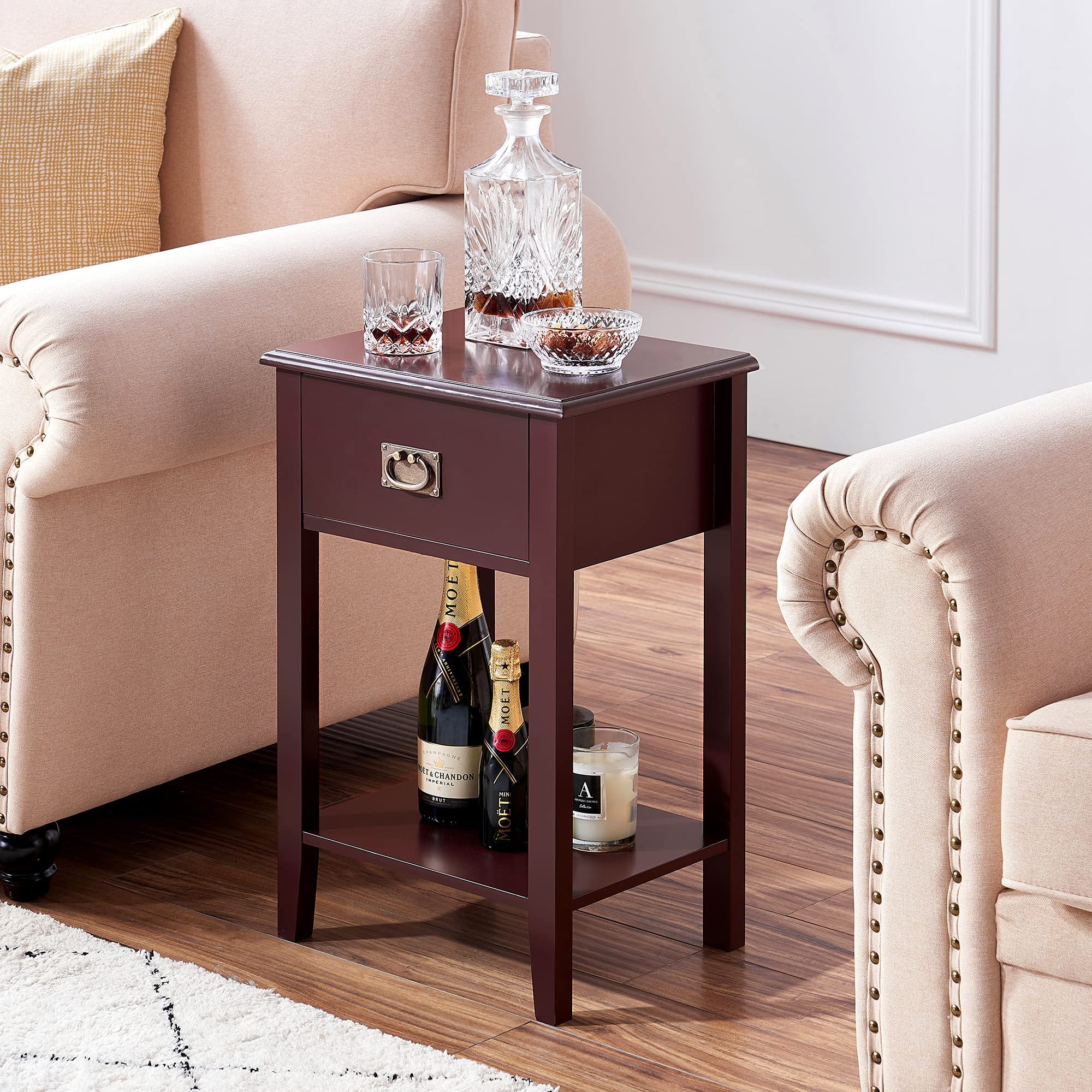 VECELO Nightstands Set of 2 End/Side Tables for Living Room Bedside with One Drawer, Vintage Accent Furniture for Small Space, Solid Wood Legs, Black Walnut