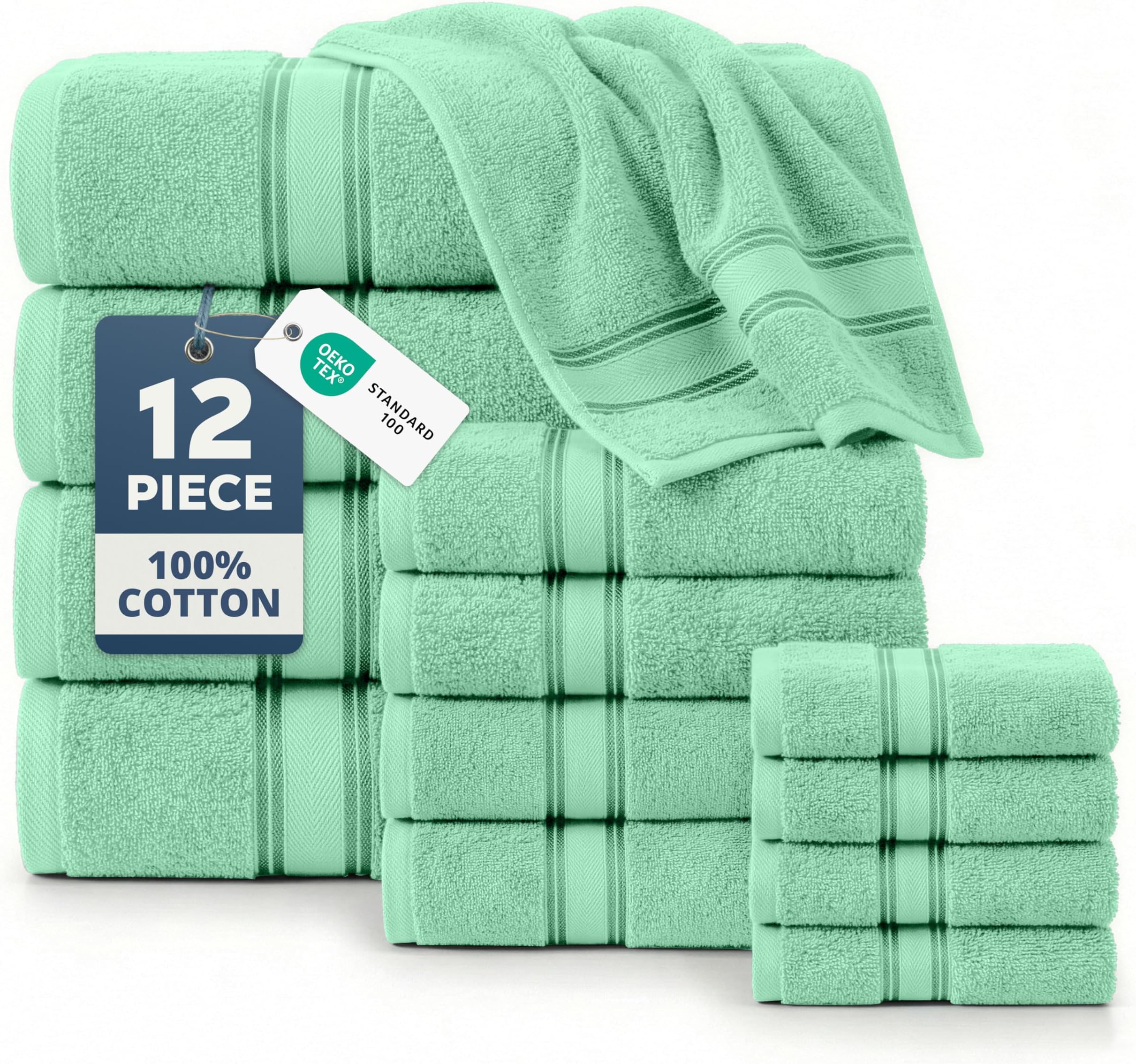 LANE LINEN Luxury Bath Towel Set of 12 โ 100% Mercerized Cotton Towels, 4 Bath, 4 Hand Towel & 4 Washcloths, Zero Twist, Remains Soft & Absorbent Even After Multiple Washes - Aqua Sky