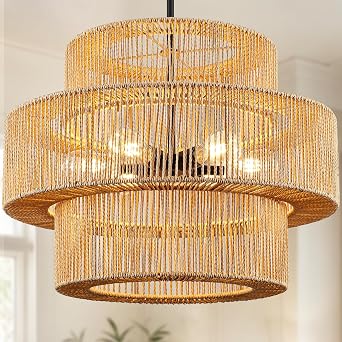 25.59" Large Hand-Woven Rattan Chandelier, 6 Lights Farmhouse Boho Chandelier Light Fixtures, Rustic Bamboo Wicker Chandeliers for Dining Room, Kitchen Island, Living Room, Stairway