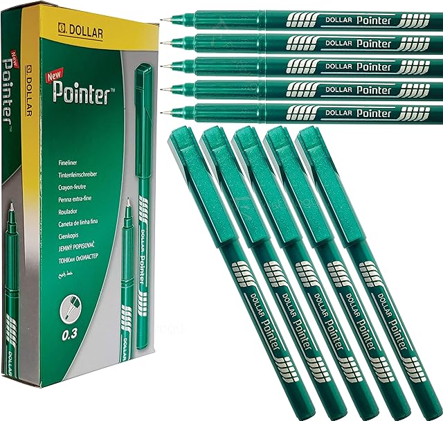 DOLLAR Pointer+ Fineliner Fine Line Pens Pack Draw Write Sketch Draft (10 x 0.3mm GREEN Pens + 1 x PATEL Black Ball Pen)