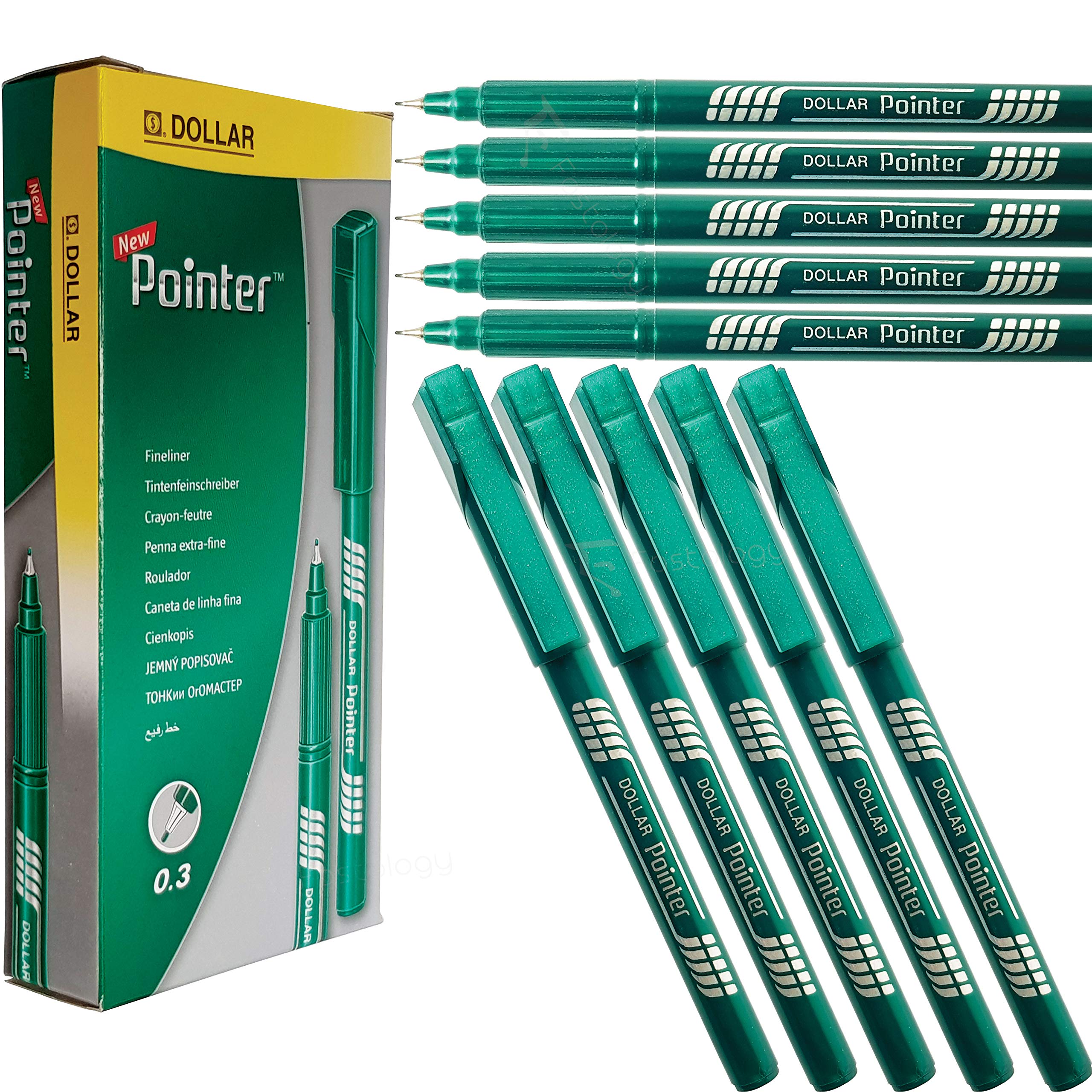 DOLLAR Pointer+ Fineliner Fine Line Pens Pack Draw Write Sketch Draft (10 x 0.3mm GREEN Pens + 1 x PATEL Black Ball Pen)
