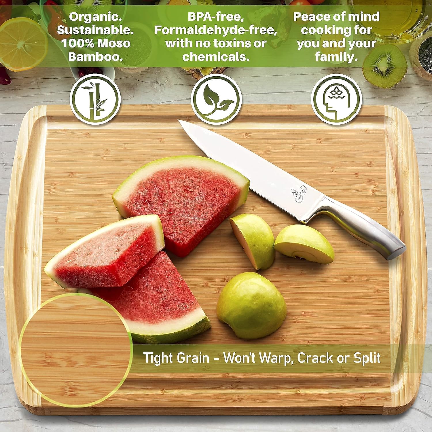 Extra Large Bamboo Cutting Board and Food Grade Oil Spray by Greener Chef
