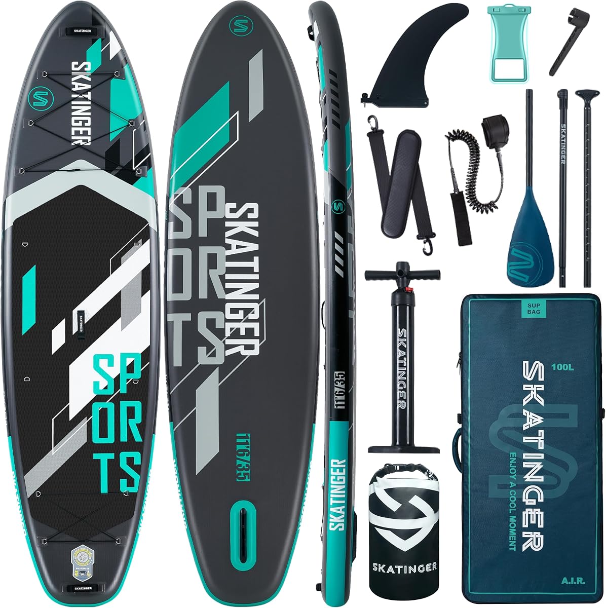 Skatinger 11'6×35" Super Wide Inflatable Paddle Board, Ultra Stable Stand Up Paddleboards for 450lb/3 People/Family/Big Size, Shoulder Strap, 100L Backpack, All-Round Sup Board, US Fin