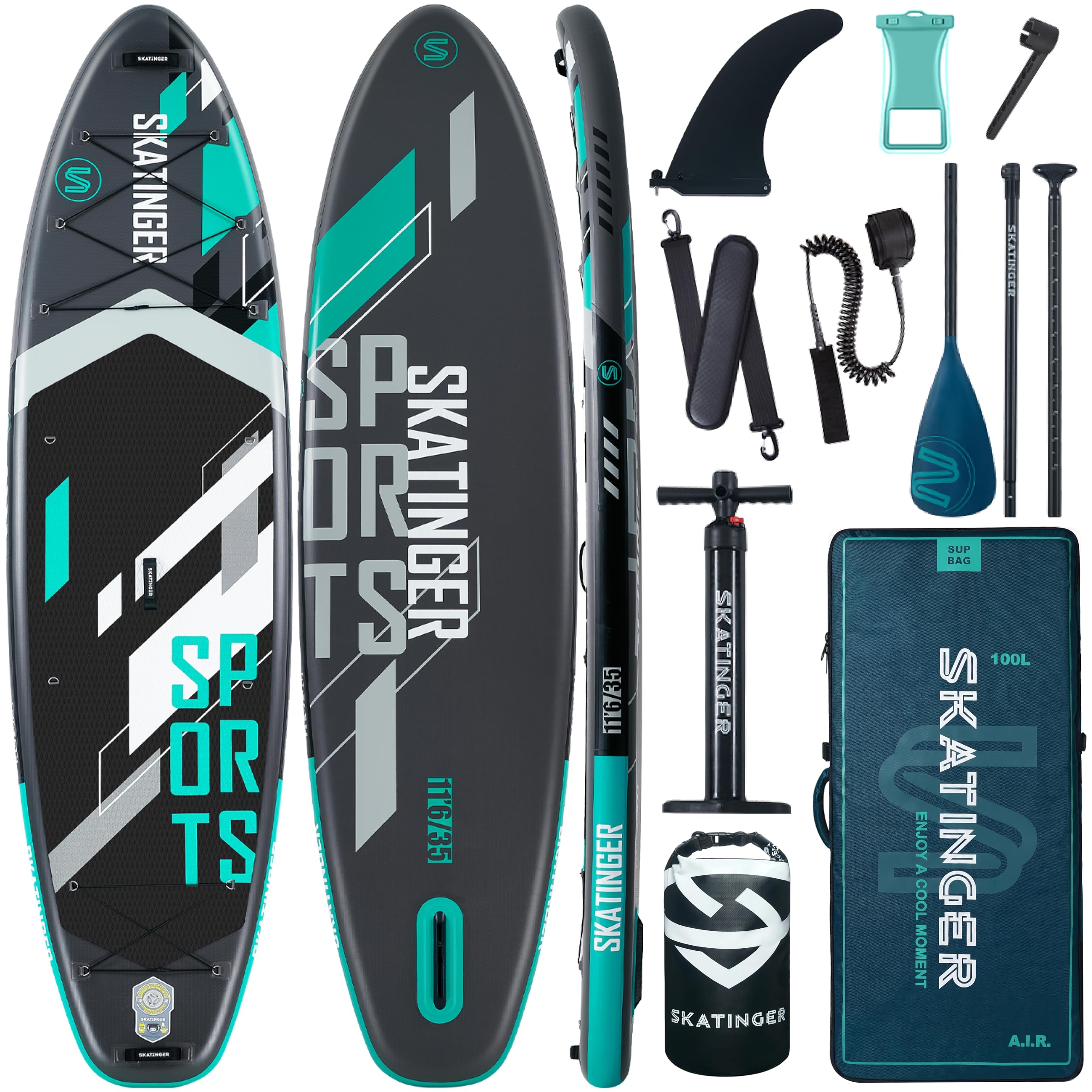 Skatinger Tavola da SUP gonfiabile 11'6 × 35" ultra stabile per 2+1 persone con zaino 100 l pinna americana