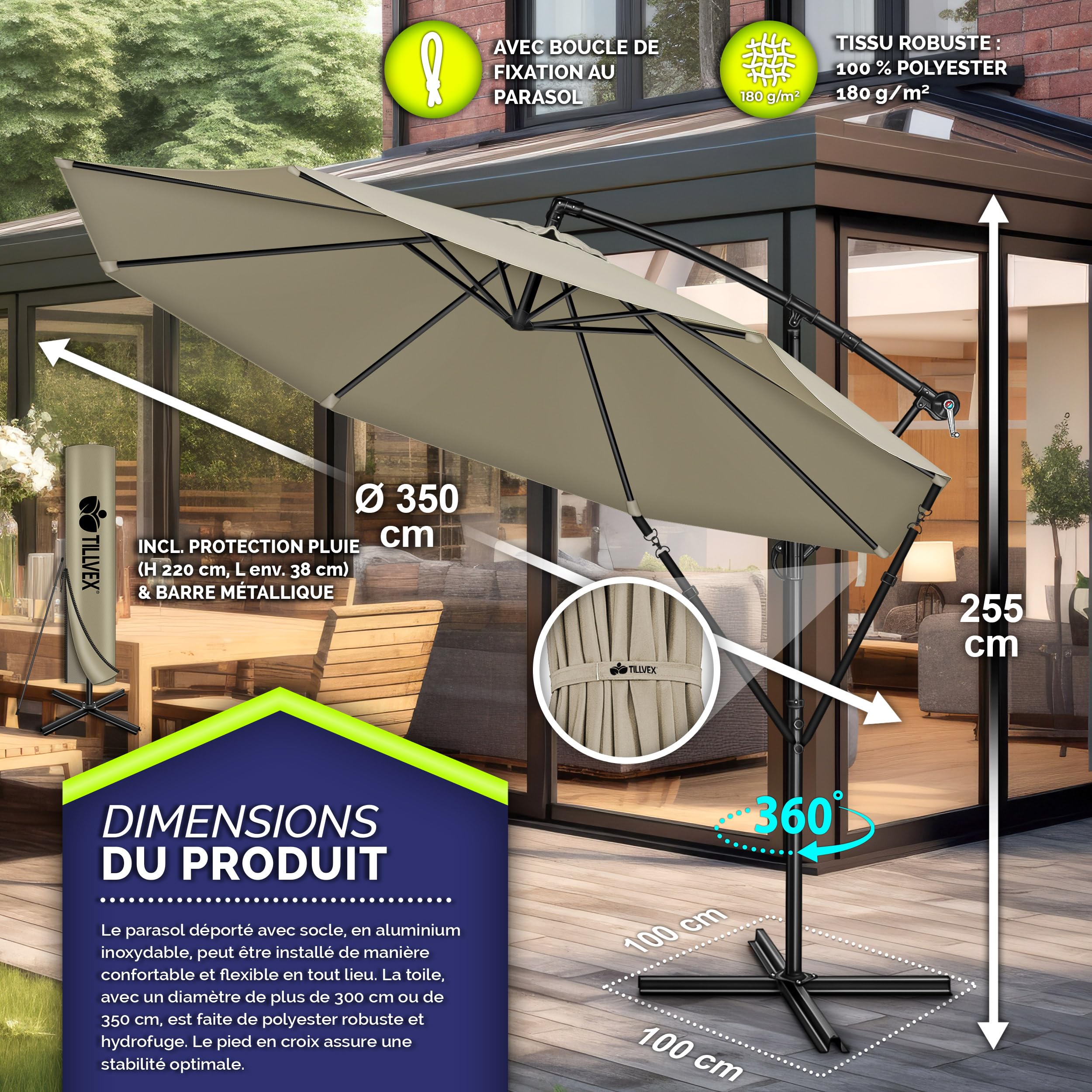 tillvex Parasol déporté hexagonale 3M avec manivelle | Pare-soleil avec pied | Protection UV en aluminium pour le jardin | Parasol à manivelle pour le marché déperlant
