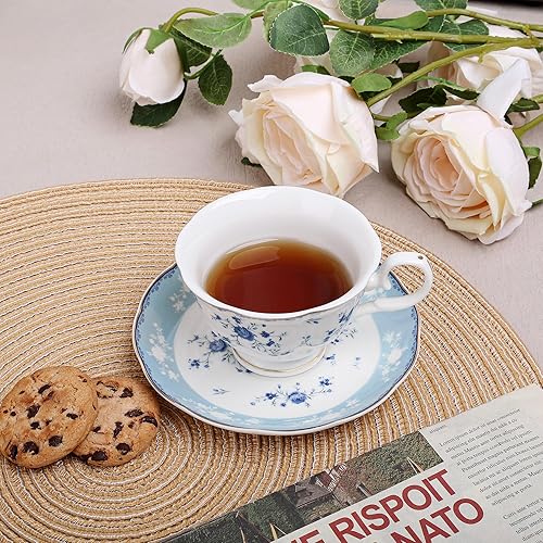 Miniatura 2 de fanquare Juego de 6 tazas de té de rosa azul, tazas de café de porcelana con adornos dorados para fiesta y hogar, taza y platillos británicos