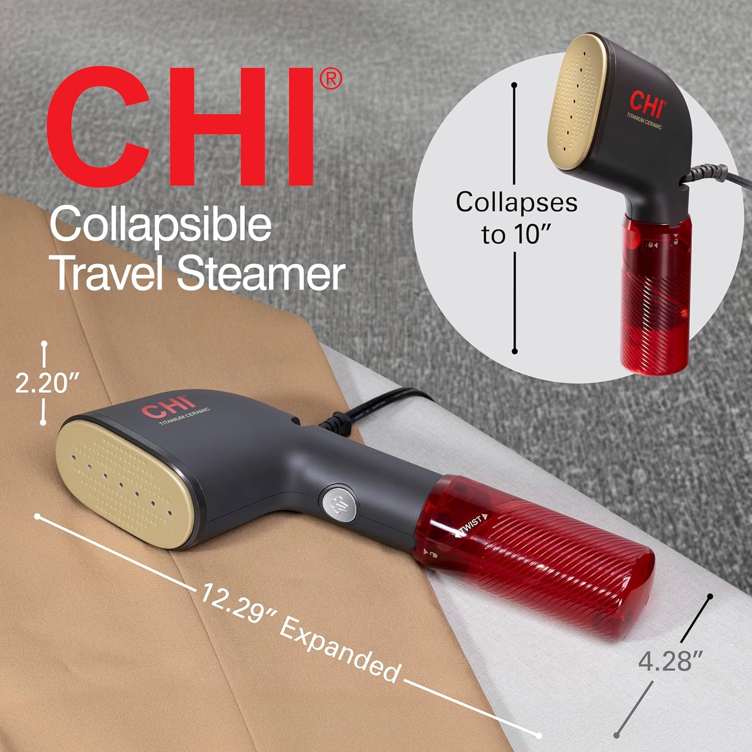 CHI Collapsible Travel 2-in-1 Handheld Garment Steamer & Steam Iron for Clothes, Large 120 ml Water Tank For up to 6 Minutes of Use, Collapses for Compact Storage, Fast Heatup, 10’ Cord, Black (11611)