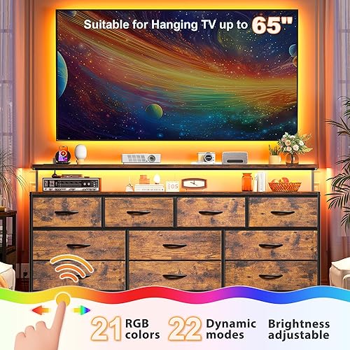 Miniatura 5 de Cómoda de 55 pulgadas de ancho para dormitorio con 10 cajones de tela, cómoda larga con luces LED y tomas de corriente, cómodas anchas y cajoneras,