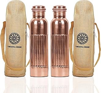 Copper Water Bottle For Drinking More Water Copper Bottles 1000 ml Alkaline Vessel With Carrying Bag For Sports, Yoga, Gym,Office,Hiking (Pack of 2, Natural Lining Bottle)