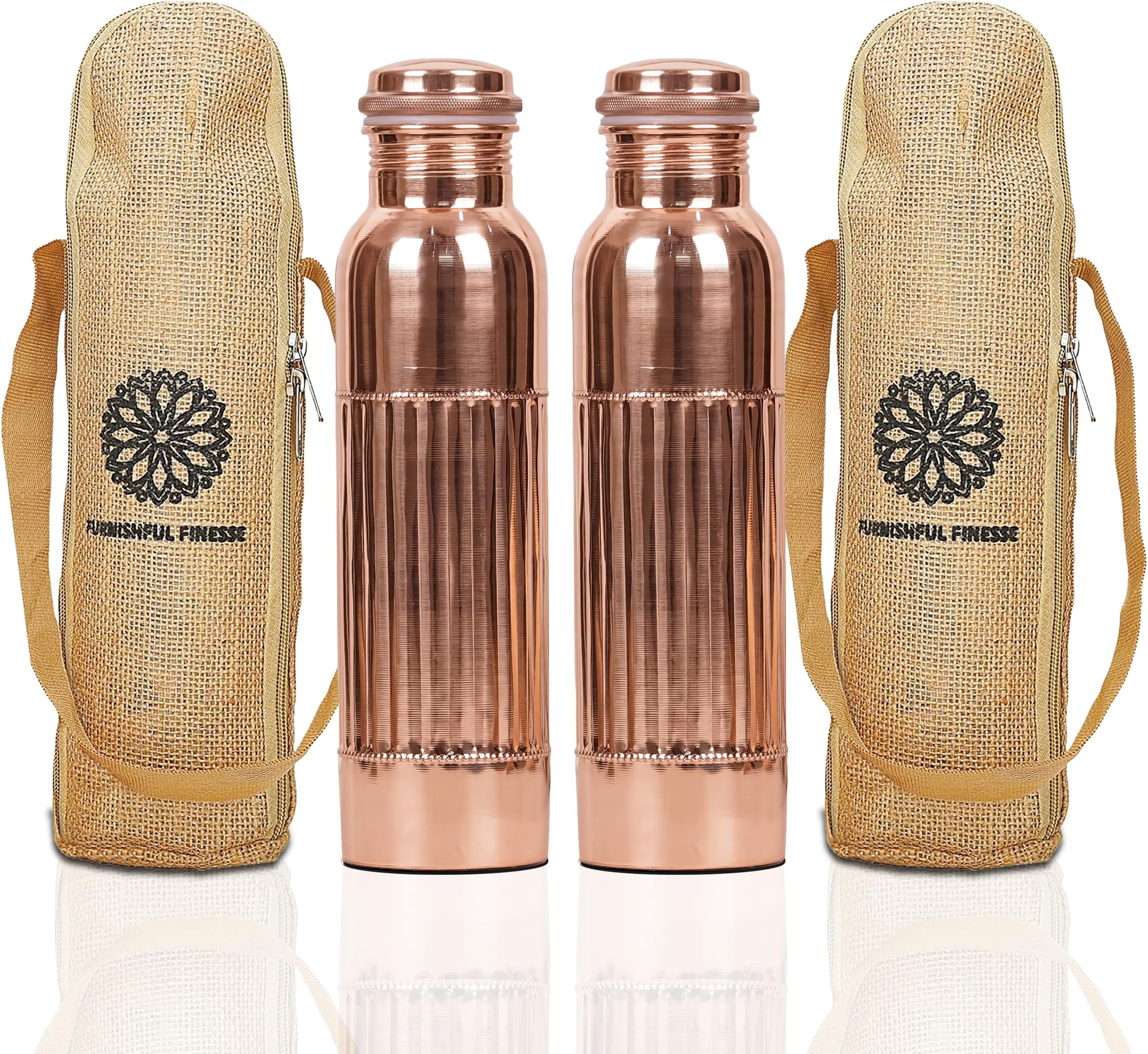 FURNISHFUL FINESSE Copper Water Bottle For Drinking More Water Copper Bottles 1000 ml Alkaline Vessel With Carrying Bag For Sports, Yoga, Gym,Office,Hiking (Pack of 2, Natural Lining Bottle)