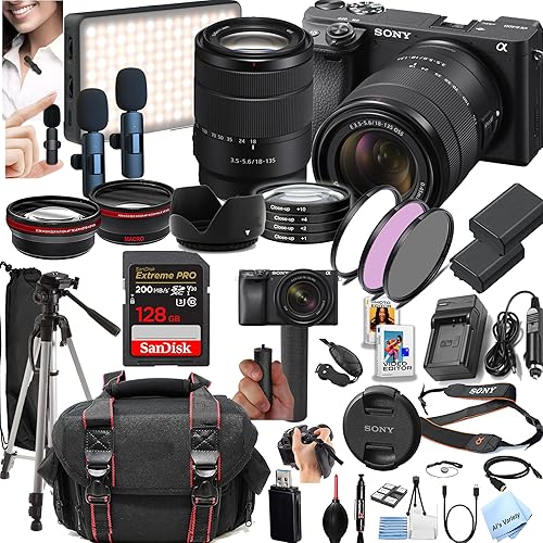 Sony a6400 Mirrorless Camera with 18-135mm Lens + 128GB Extreme Memory, Wireless Lavalier Microphones, LED Light, AUX Lenses, Filters, Case, Tripod, and More (40pc Bundle) (Renewed)
