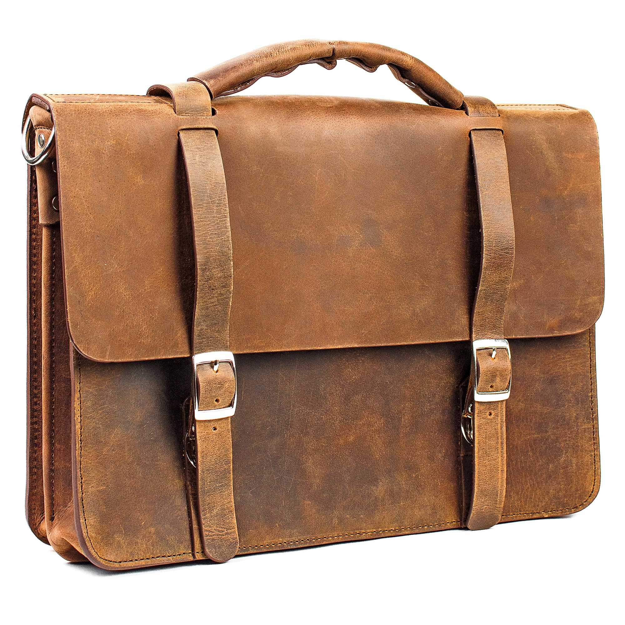 BostonLeatherCompanyUltra High Quality 4mm Leather Luxury Classic Messenger Bag in English Tan- Two Compartments For Laptop ipad Office (Breifcase)