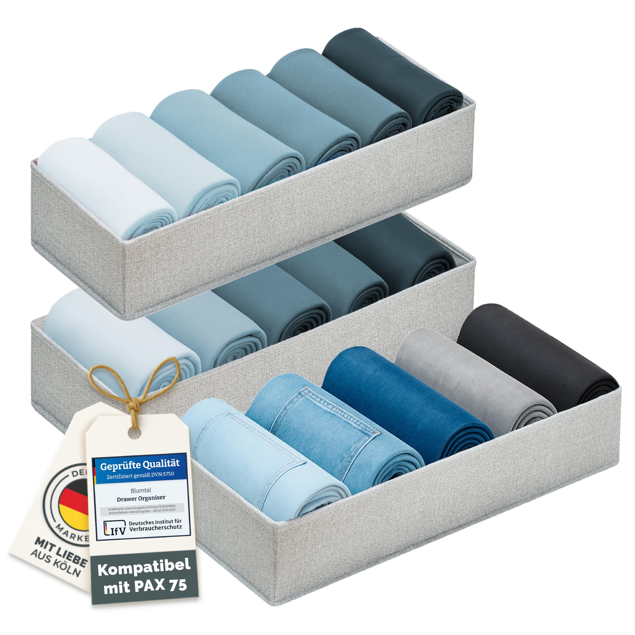 Blumtal PAX 75 Organizer Ordnungssystem Kleiderschrank 3er Set - 3x Kleiderschrank Organizer für PAX 75 Schrank - Faltboxen für BHs, T-Shirts - Sortierer - Boxen für Schrank Grau