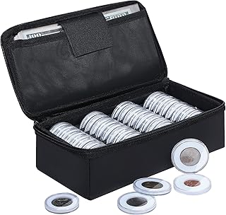 JUNDUN Fireproof Coin Storage Box, 36pcs Coin Holder Capsules with Foam Gasket & 100 Paper Currency Organizer Sleeves, 5 Sizes (40/35/30/25/20mm) Collecting Case for Collection Supplies