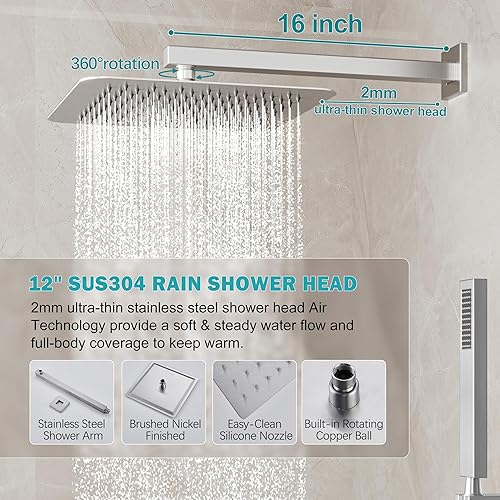 Miniatura 10 de Sistema de ducha de níquel cepillado, juego de grifo de ducha con cabezal de ducha de lluvia de 10 pulgadas y mano, juego combinado de cabezal