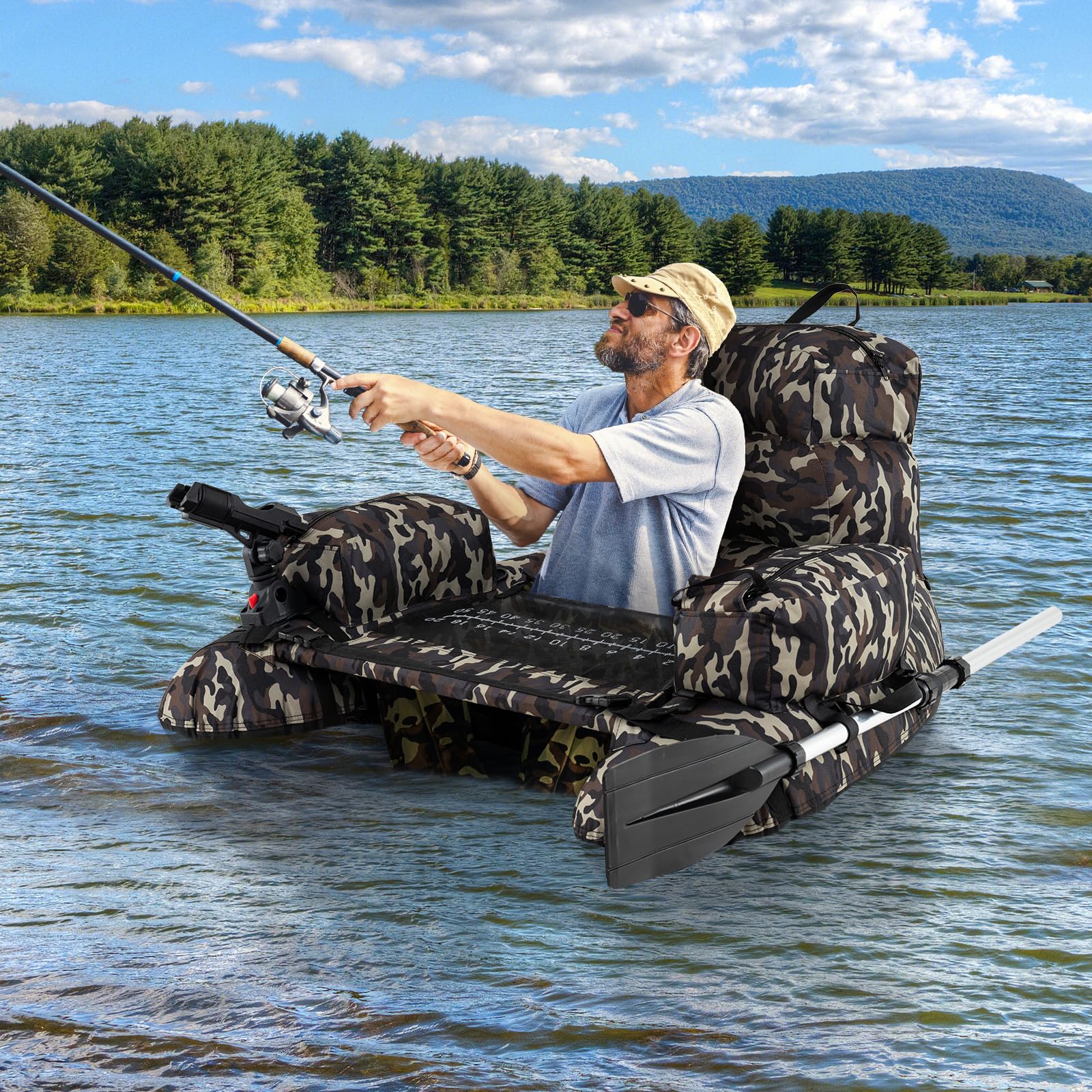 GOPLUS Float Tube 1 Place avec Support de Canne, Bateau de Pêche Gonflable Dossier, Sangles Réglables,Portable avec Pagaie en Alu.,Pompe, Flotteur avec Poches Rangement
