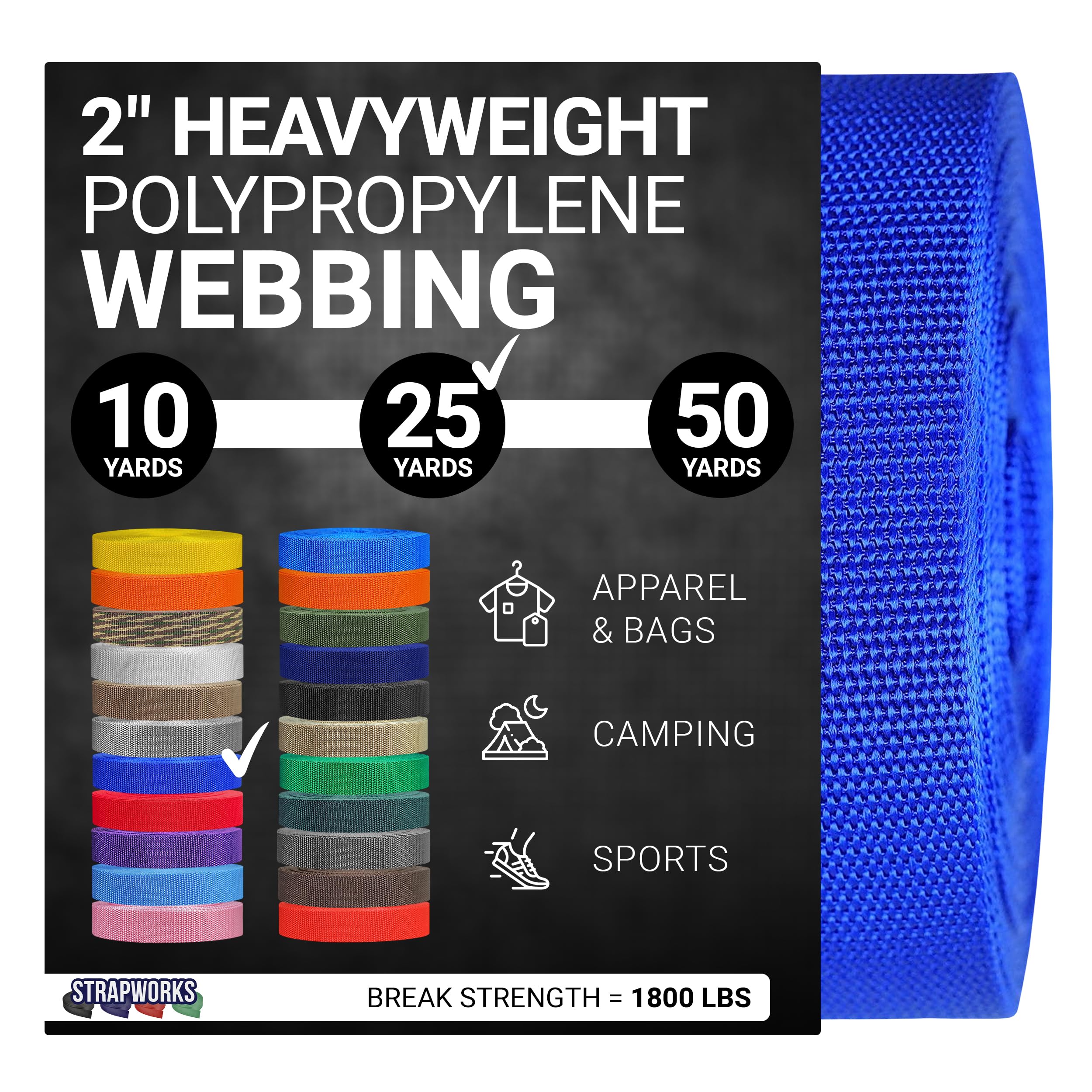 Strapworks Heavyweight Polypropylene Webbing - Heavy Duty Poly Strapping for Outdoor DIY Gear Repair, 2 Inch x 25 Yards - Royal Blue