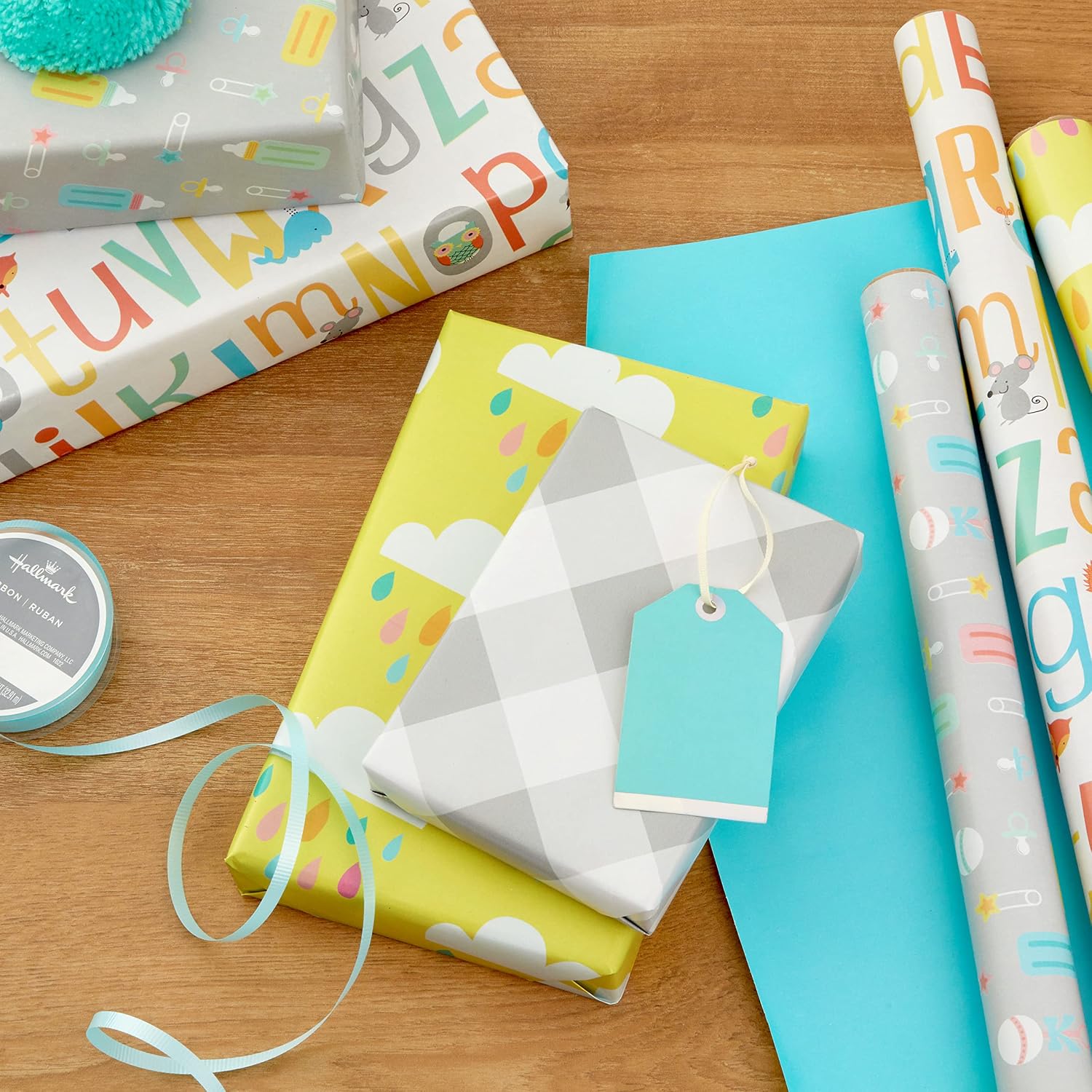 Hallmark All Occasion Reversible Wrapping Paper Bundle - Baby (3 Rolls - 75 sq. ft. ttl) Clouds, ABCs, Bottles, Polka Dots, Solid Blue, Gray Gingham, baby tri-pack (0005EWR6433)