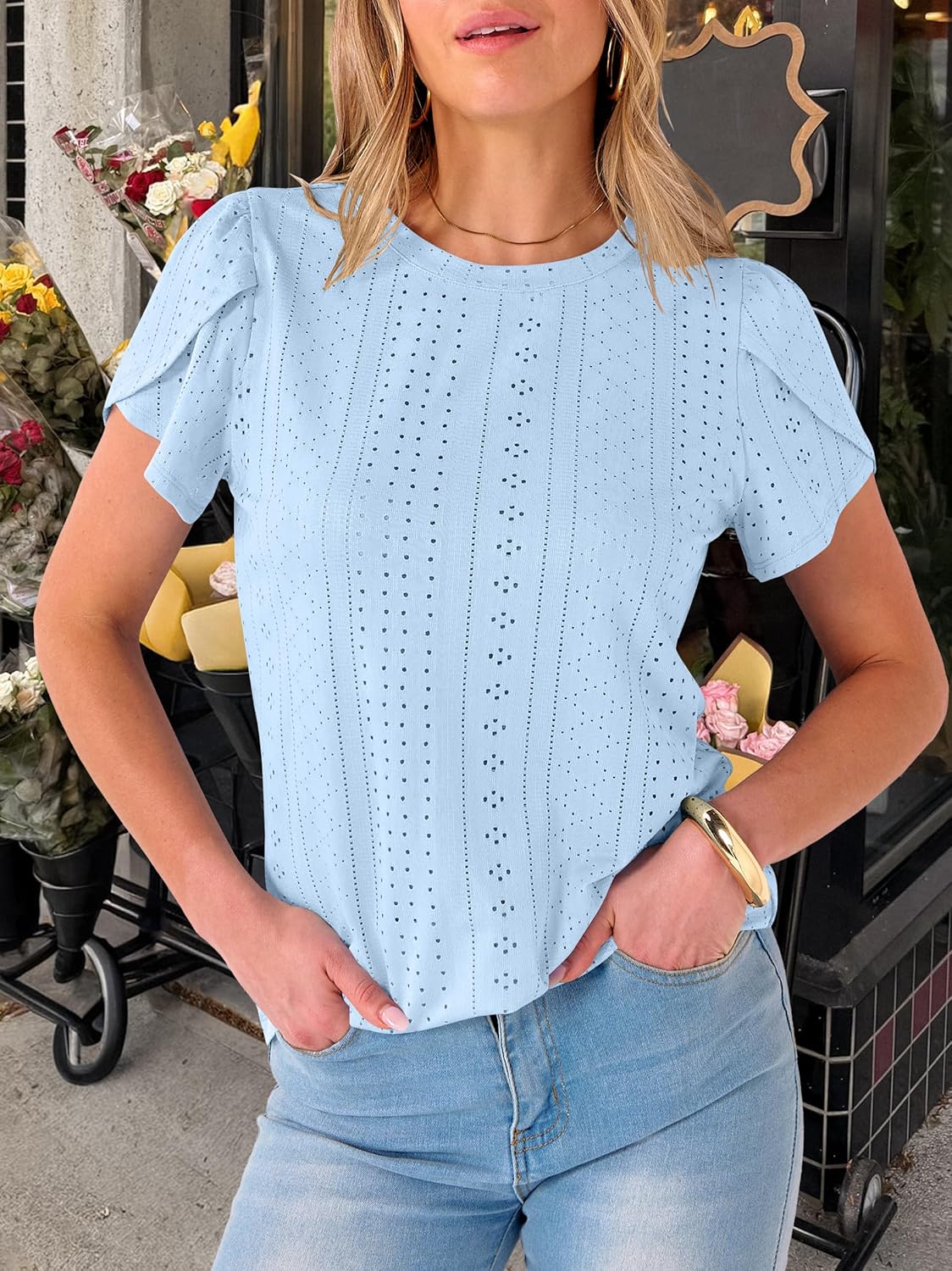 ANRABESS Womens Tops Summer Eyelet Petal Short Sleeve T Shirts Dressy Casual Blouses Ladies Basic Tees 2026 Spring Clothes - Image 6