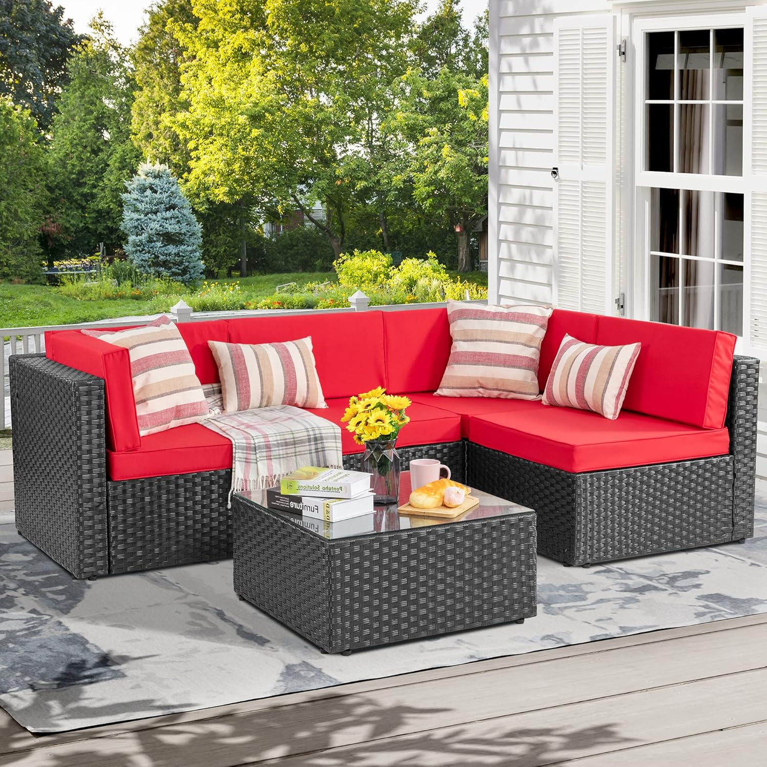 JAMFLY 5 Pieces Patio Outdoor Sectional Sofa Furniture Sets, All-Weather Black Wicker Rattan Conversation Sets with Tea Table and Washable Couch Cushions,Royal Blue : Everything Else