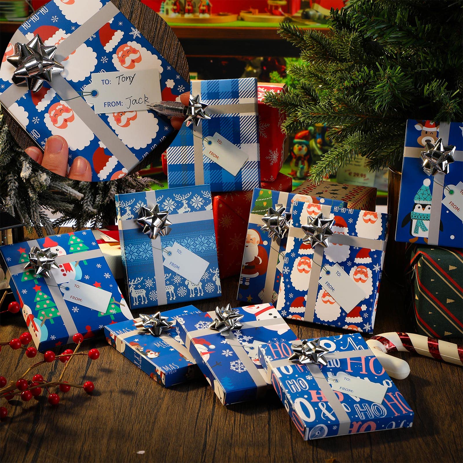 Spiareal 24-teiliges Weihnachts-Geschenkkarten-Boxen-Set mit Schleife und Etiketten, Geldhalter-Boxen, blauer Urlaubs-Geschenkkartenhalter für Weihnachtsfeier, Mini-Gastgeschenke,